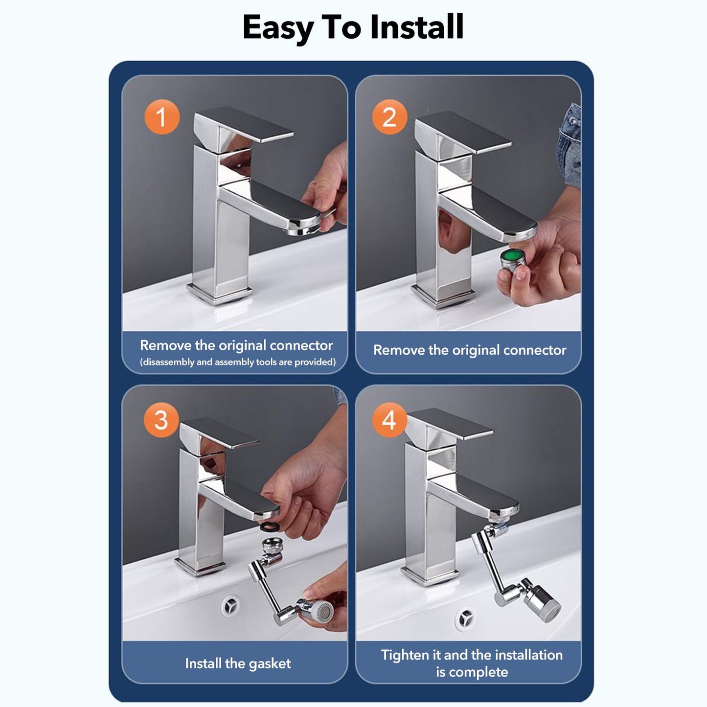 Behome 1800°Swivel Faucet Extender Aerator, 360°Free Rotating Splash Filter Faucet, 2 Water Outlet Modes, Kitchen/Bathroom Sink Adapter For Gargle, Eyewash And Rinse
