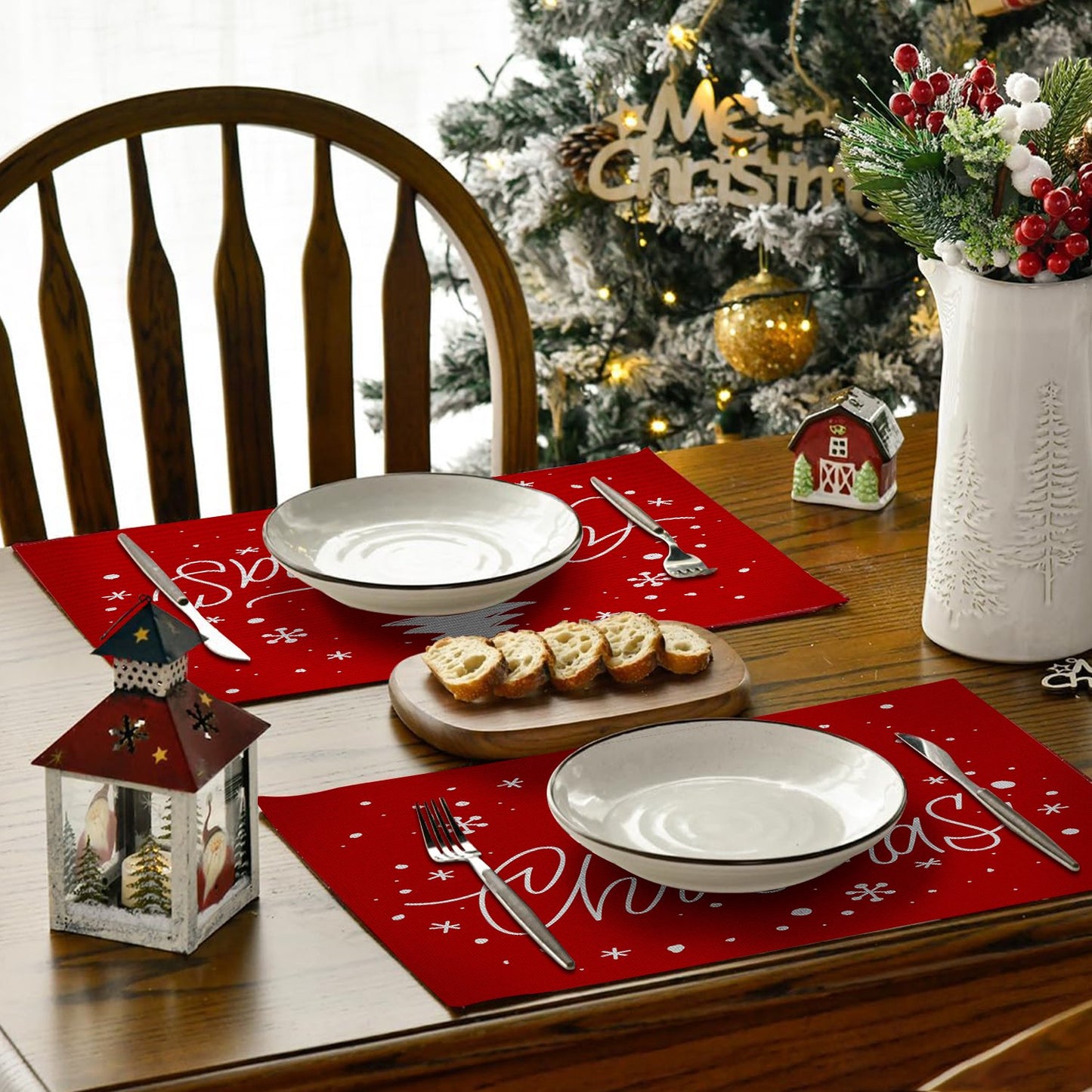 Behome Merry Christmas Placemats for Dining Table, Set of 6 12x18 Inch Winter Xmas Table Mats for Party Kitchen Dining Decoration