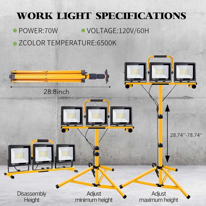 Behome 21000 Lumen LED Work Lights with Stand, 3 Adjustable Head LED Work Light with Foldable Tripod Stand, Waterproof Lamp with Individual Switch for Outdoor Indoor, 6500K
