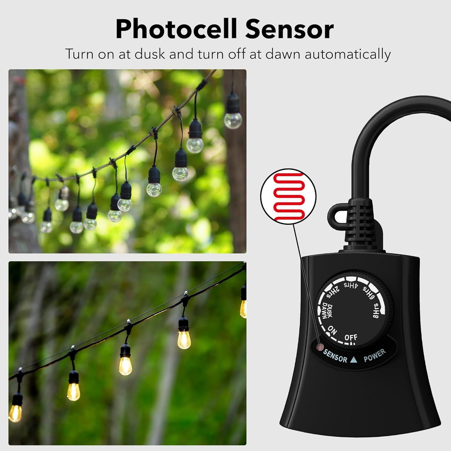 HBN Outdoor Light Timer Waterproof, Weatherproof Photocell Dusk to Dawn Light Sensor Timer with Remote Control, 2/4/6/8 Countdown Timer, 2 Grounded Outlet for Christmas Lights,1875W 15A 1/2HP