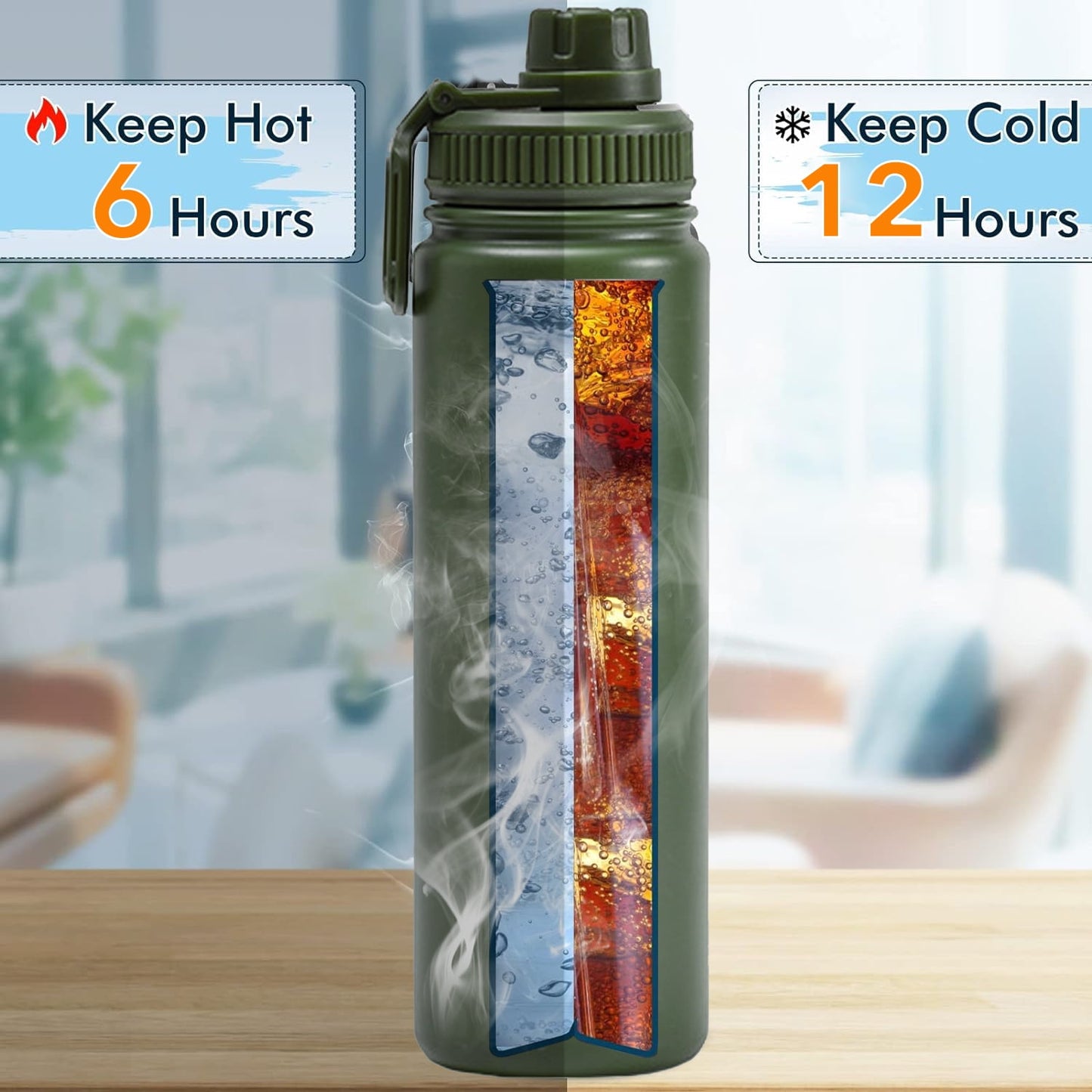BN-LINK 25oz Insulated Sport Water Bottle, Double Wall Vacuum & Stainless Steel, Leak Proof & BPA-Free, Keeps Cold and Hot, Great for Travel, Hiking, Biking, Running (Green)