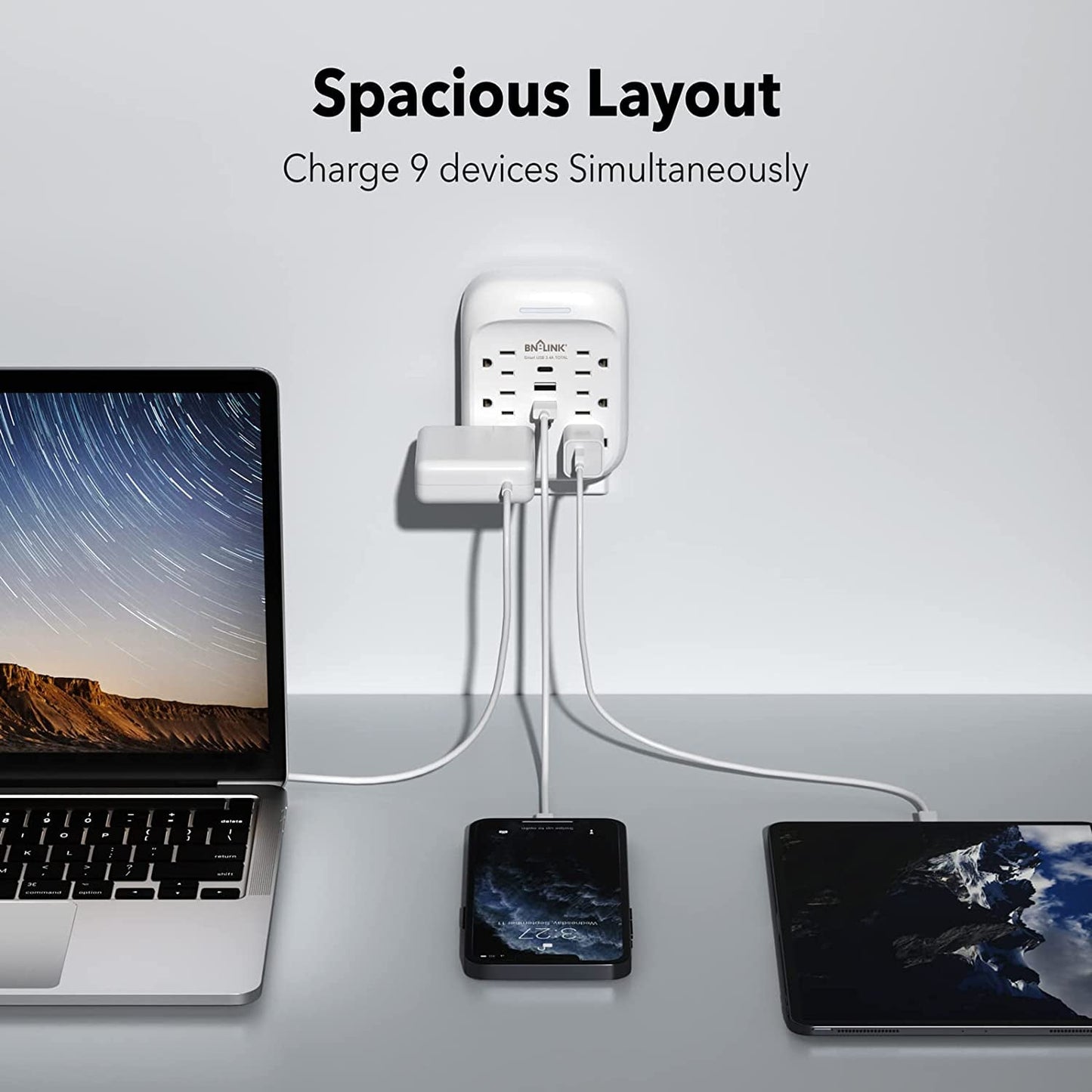 BN-LINK 1800J Outlet Extender,Multi Plug Outlet with 3 USB Wall Charger(2.4A per Port),6 Outlet Extender Surge Protector Multi Outlet Wall Plug for Home,School,Travel,Office