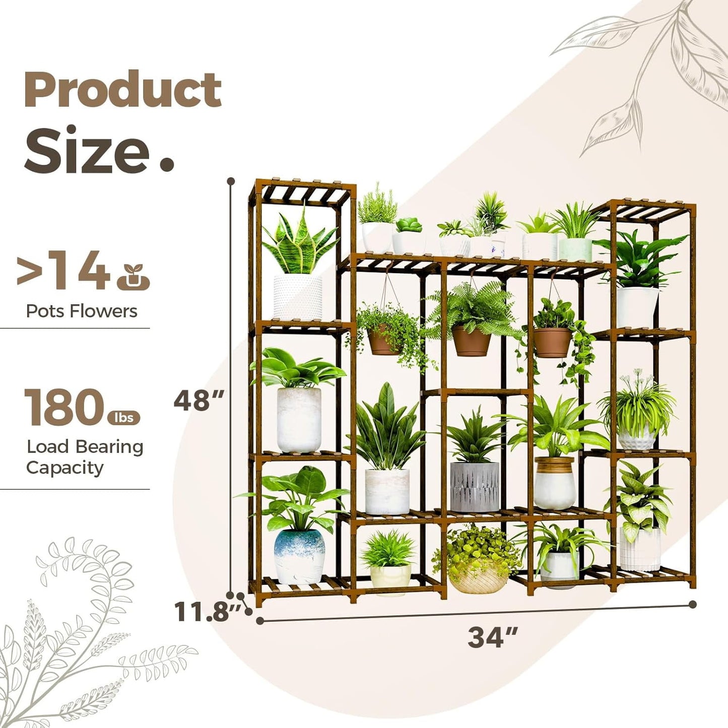 Behome Plant Stand Indoor, Wood Plant Shelf with 4 Tier Ladder & 14 Pots, Corner Plant Stand, Tall Plant Holder for Living Room & Balcony, Home Decor