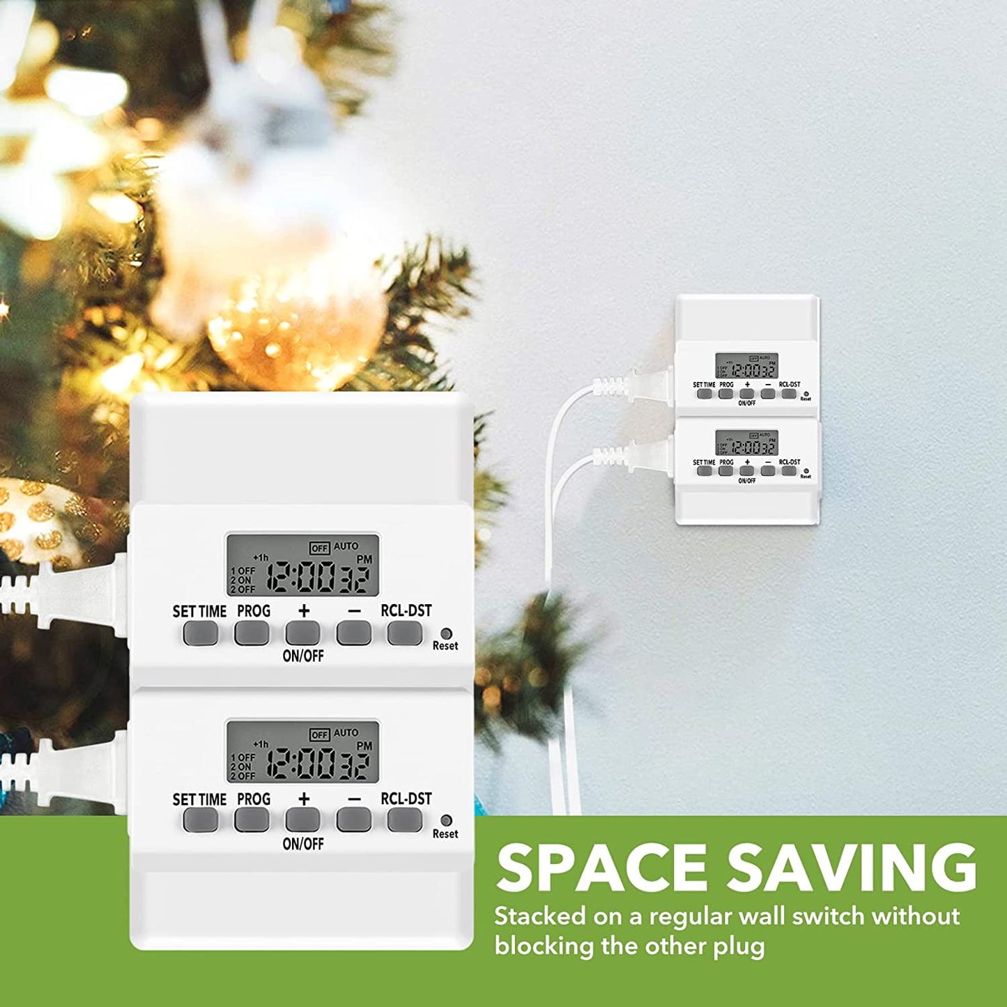 BN-LINK Digital Timer Outlet 24-Hour Programmable Digital Outlet Timer 2 Pack 2 On/Off Programs 2-Prong Mini Indoor Easy Set Stackable Plug-in for Lights Lamps Fans Accurate 8A/1000W 1/3HP
