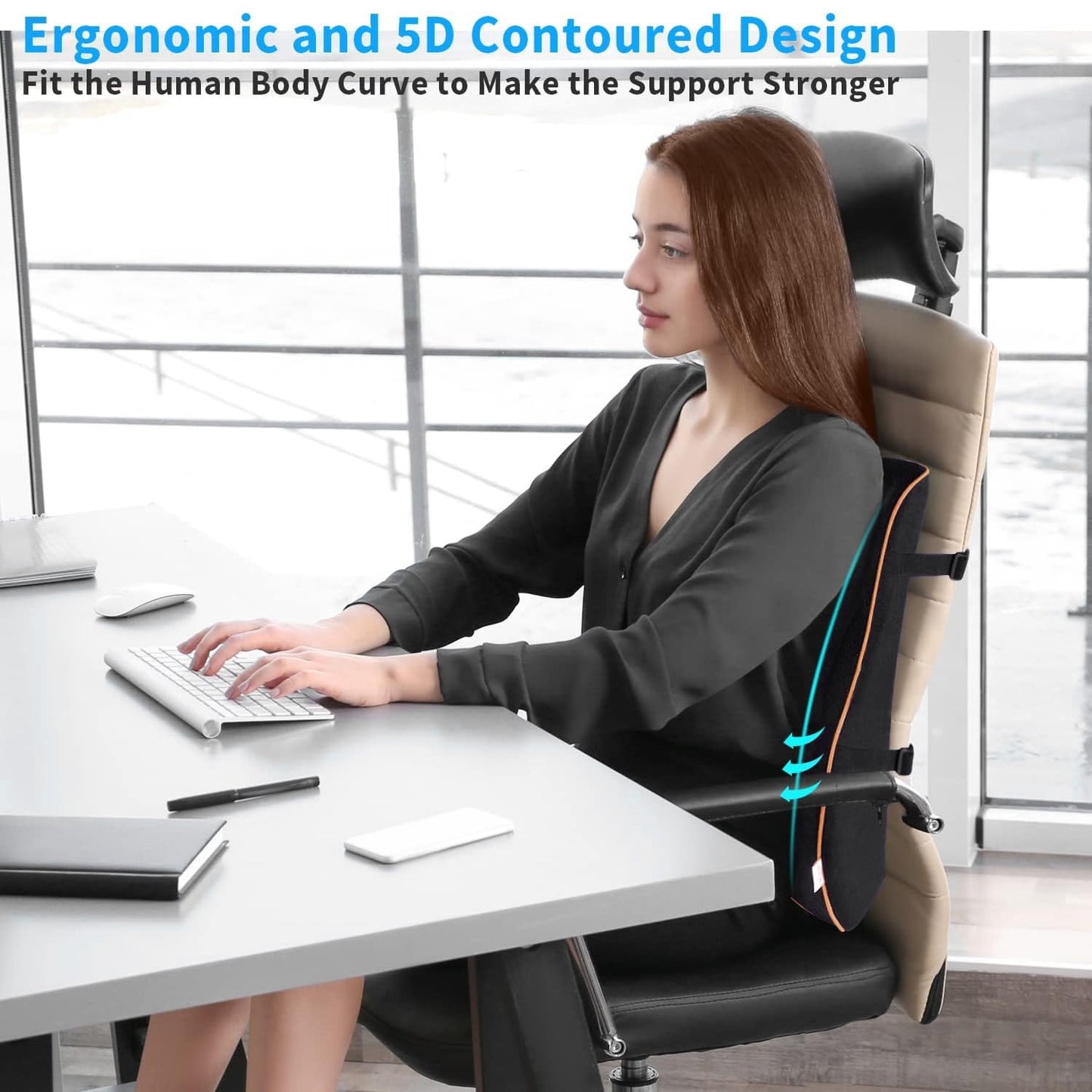 Behome Lumbar Support Pillow For Office Chair and Car Seat, Memory Foam Back Cushion with Adjustable Strap for Back Pain Relief