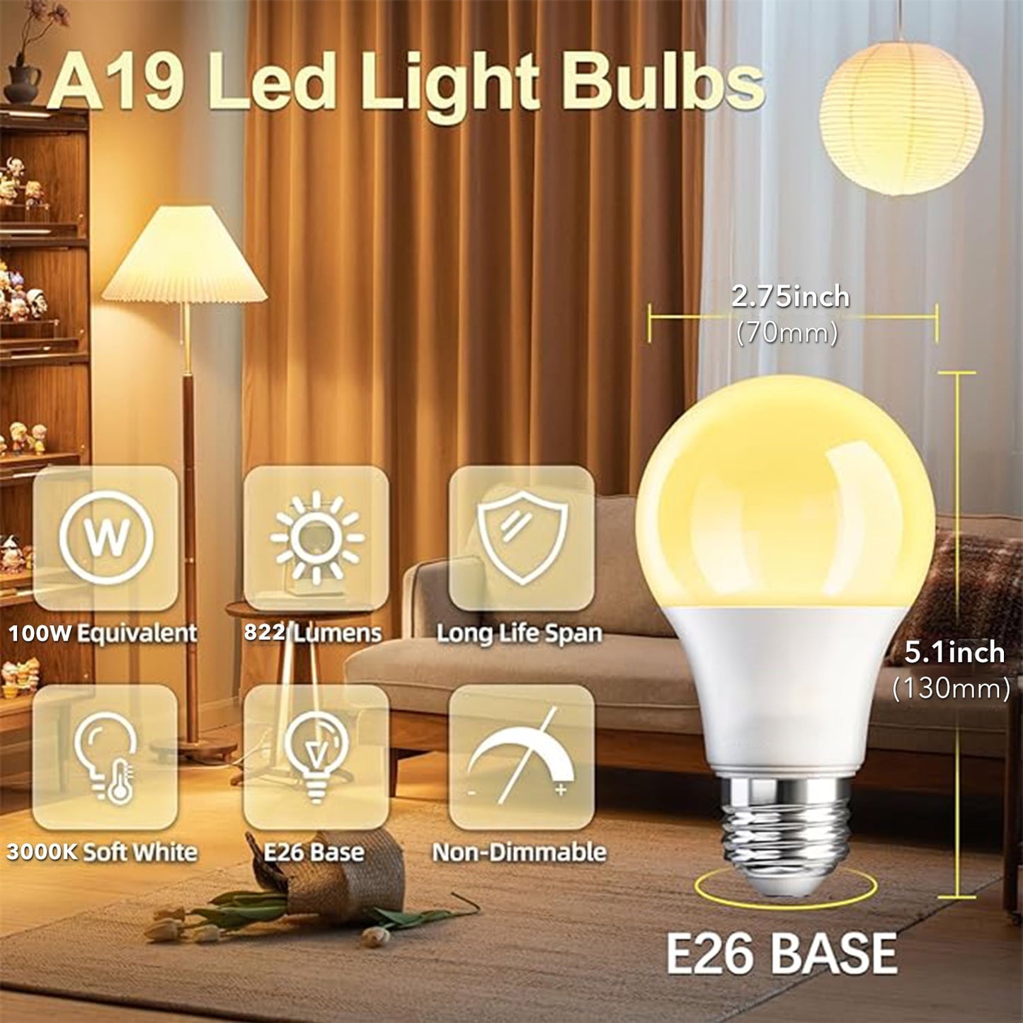 Behome 8 Pack A19 LED Light Bulbs, Energy Efficient 12W(100 Watt Equivalent), E26 Base, 3000K Daylight & 822 Lumens, Non-Dimmable(Warm White)