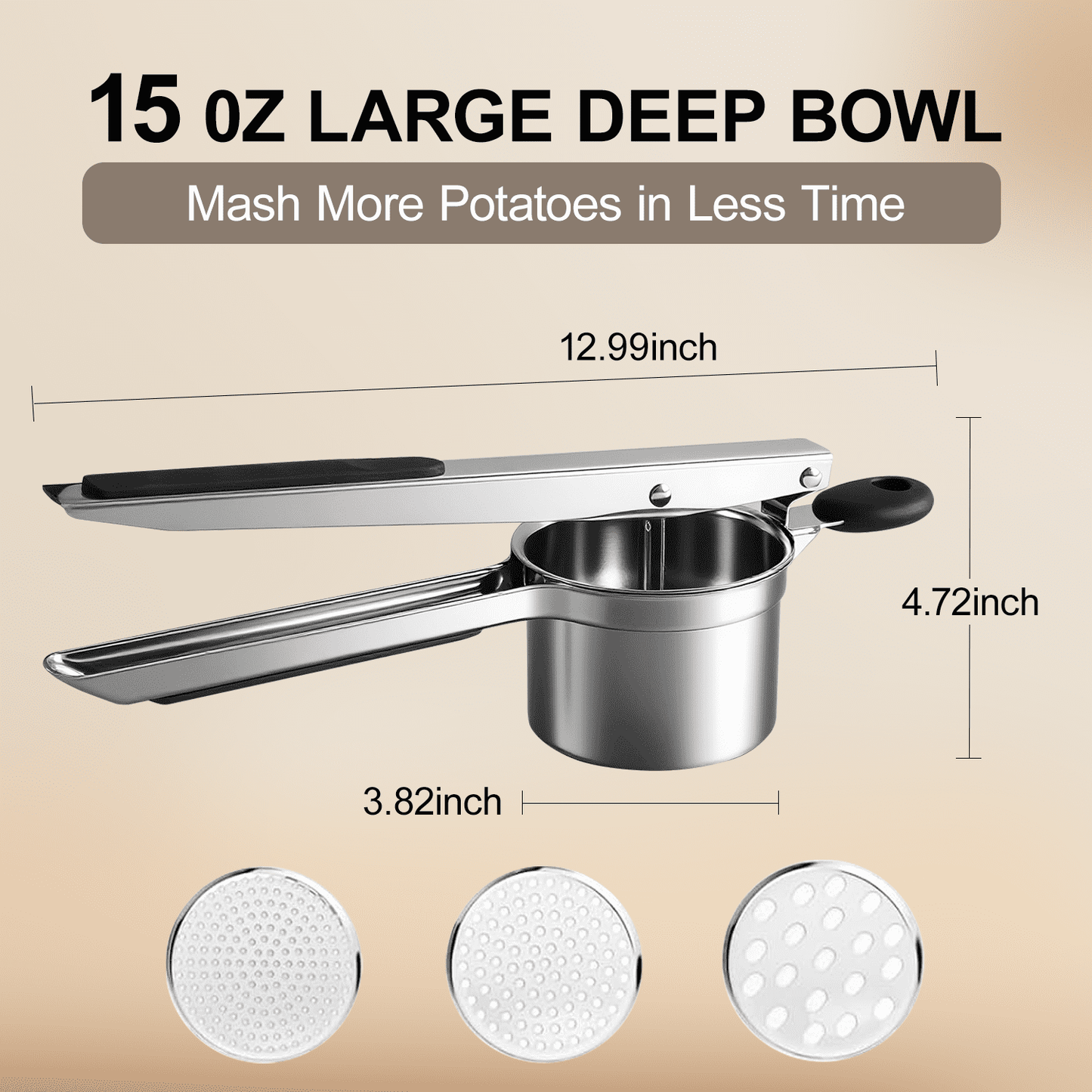 Behome Potato Ricer with 3 Interchangeable Discs, 15 oz Heavy Duty Stainless Steel Potato Masher and Ricer, Kitchen Gadget for Mashed Potatoes, Carrots
