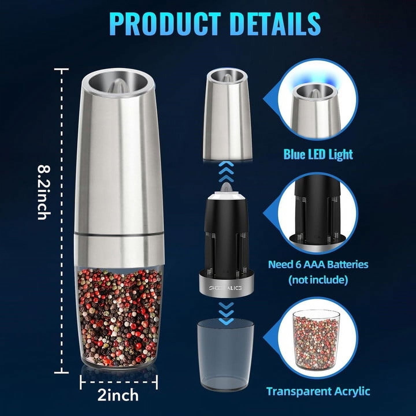 Behome 2 Pack Electric Salt and Pepper Grinder Set, Automatic Gravity Salt and Pepper Mill with Adjustable Coarseness, Battery Powered with LED Light, One Hand Operation