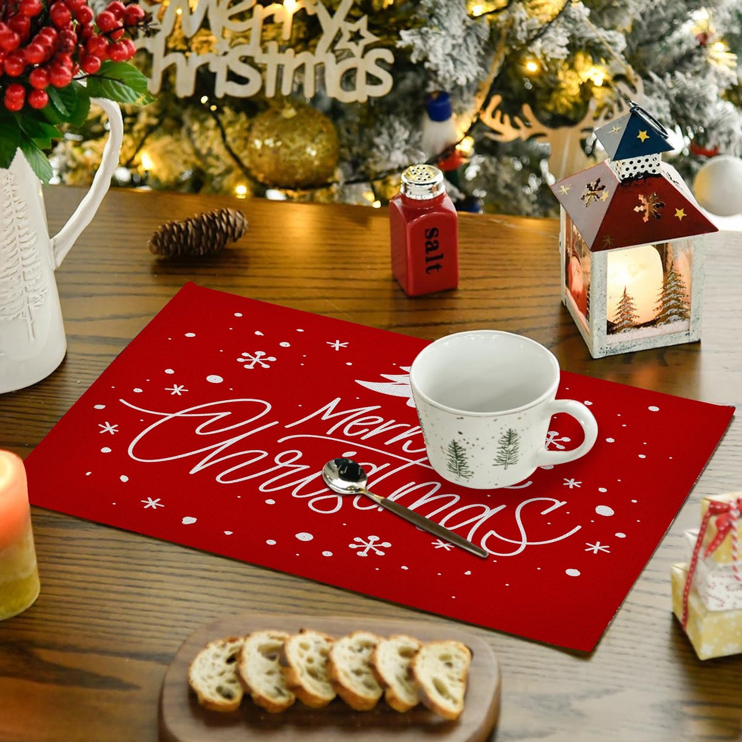 Behome Merry Christmas Placemats for Dining Table, Set of 6 12x18 Inch Winter Xmas Table Mats for Party Kitchen Dining Decoration