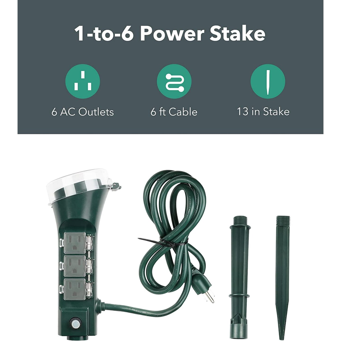 BN-LINK Outdoor Power Stake with 6 Outlets, 6ft Extension Cord Power Strip with Overload Protection, Waterproof Outside Yard Multi-Outlets Use for Camping, Party