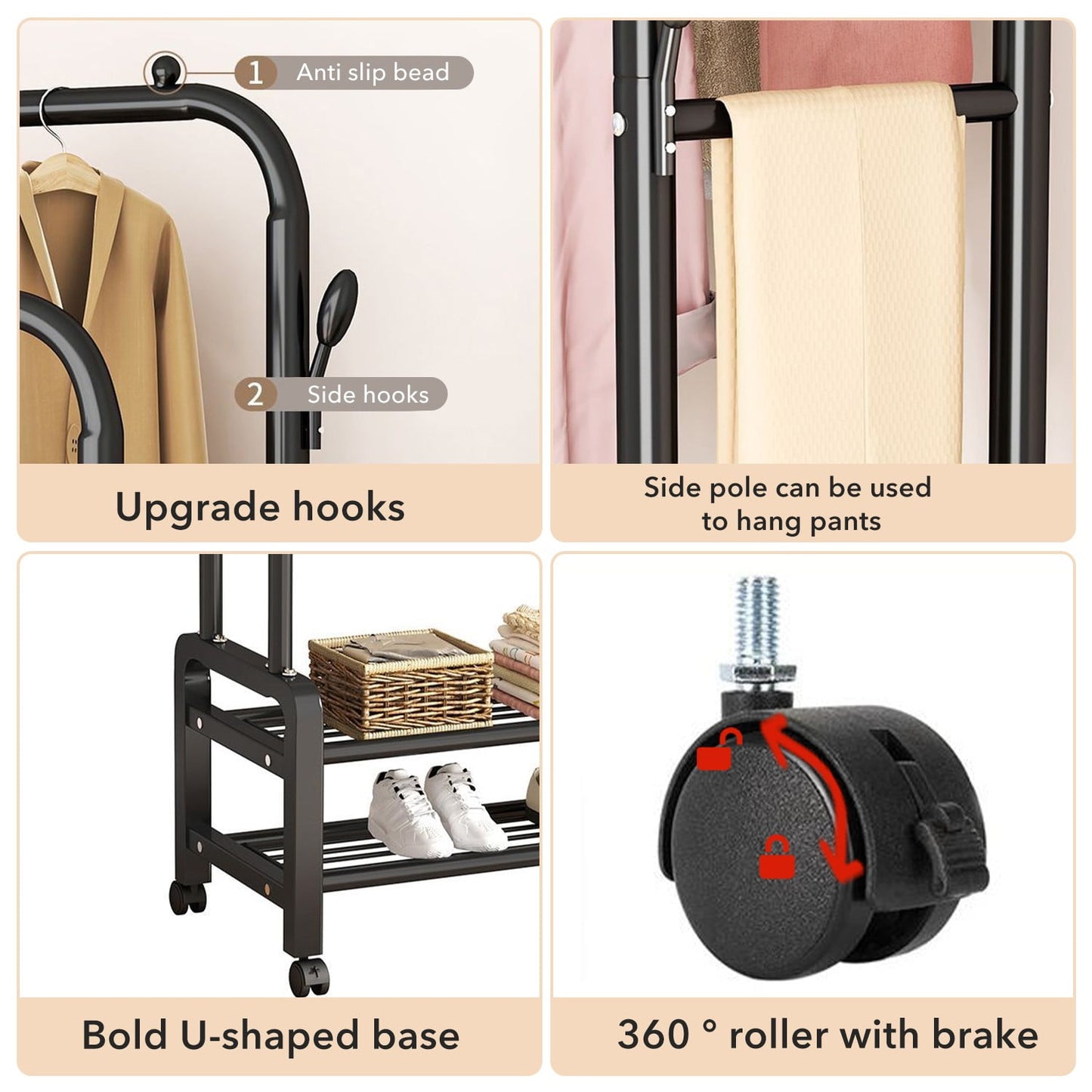 BN-LINK Double Rods Clothes Rack with Wheels, Rolling Clothing Garment Rack with 2 Bottom Shelves & 4 Side Hooks, Heavy Duty Clothes Organizer for Bedroom, Laundry, Living Room, Black