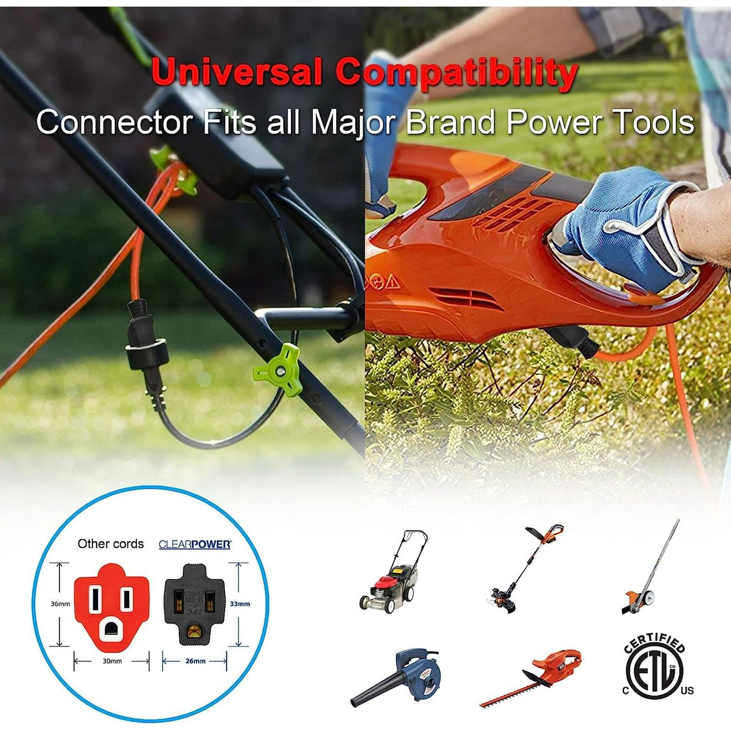 Clear Power 50 ft Outdoor Extension Cord 16/3 SJTW, 3-Prong Grounded Plug, Orange, Water & Weather Resistant, Flame Retardant, General Purpose Power Cord for Lawn & Garden