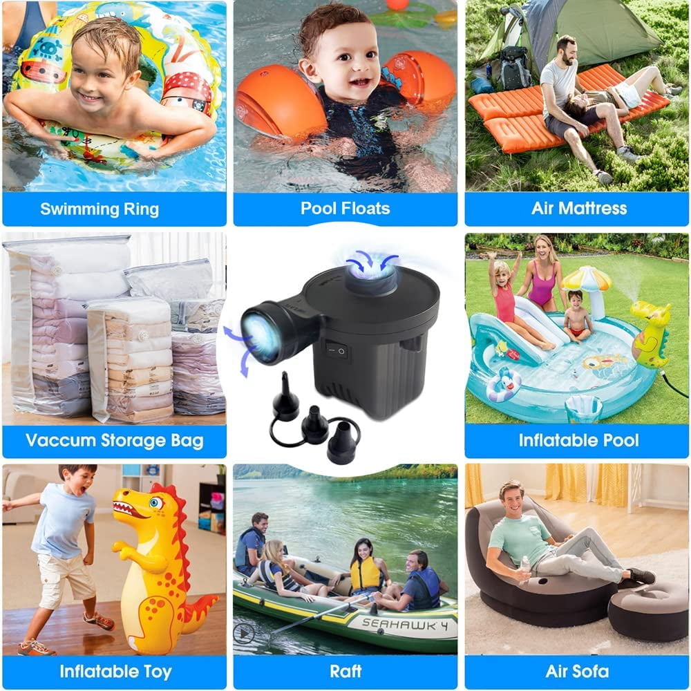 Electric Air Pump, Portable Quick-Fill Air Pump with 3 Nozzles, 110V, Perfect Inflator/Deflator Pumps for Inflatable Cushions, Air Mattress Beds, Boats, Swimming Ring, Black