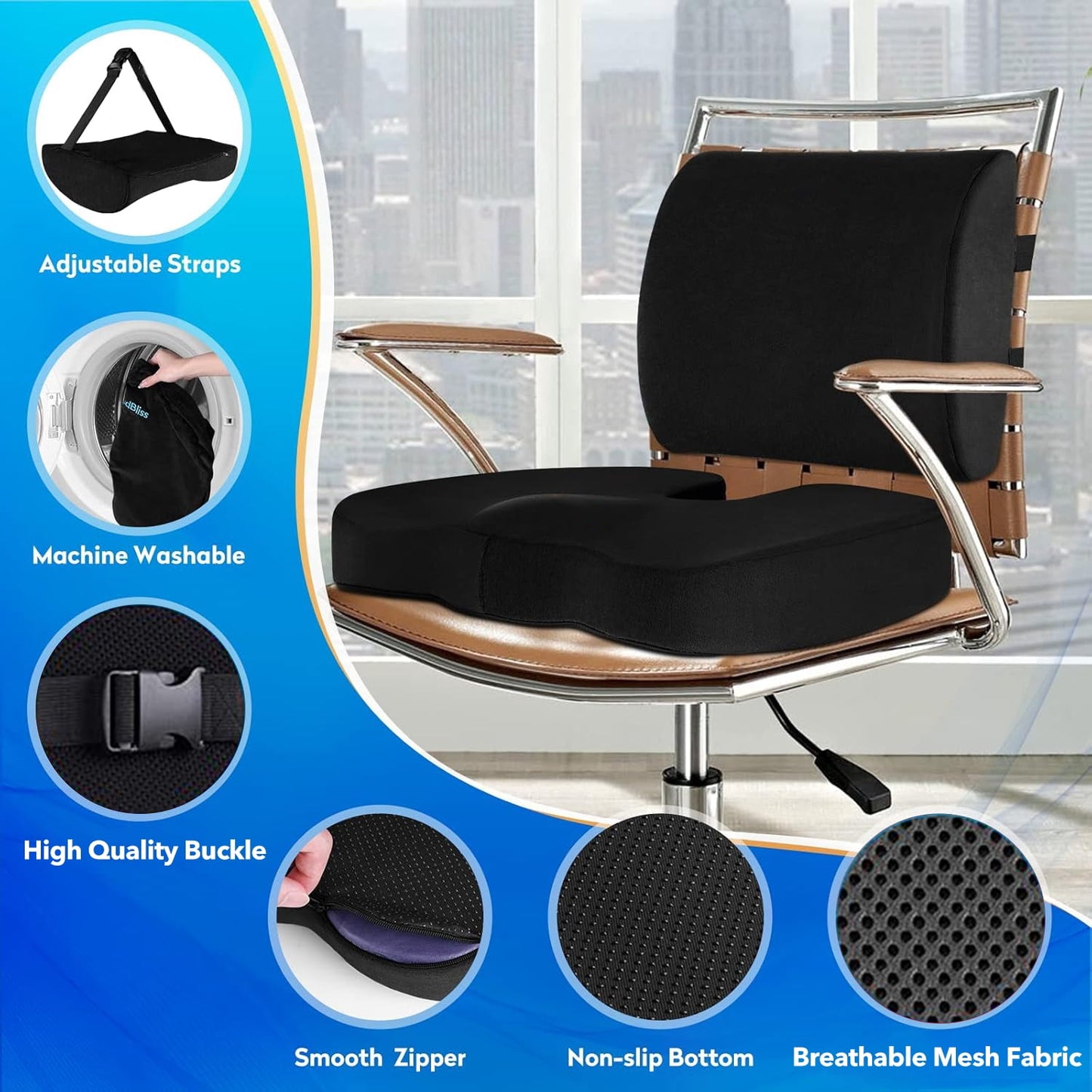 Behome Seat Cushion and Lumbar Support Pillow Set for Office Chairs, Back Support Memory Foam Gel Cushion for Tailbone Pain Relief, for Office Chair, Gaming Chair and Car Seat