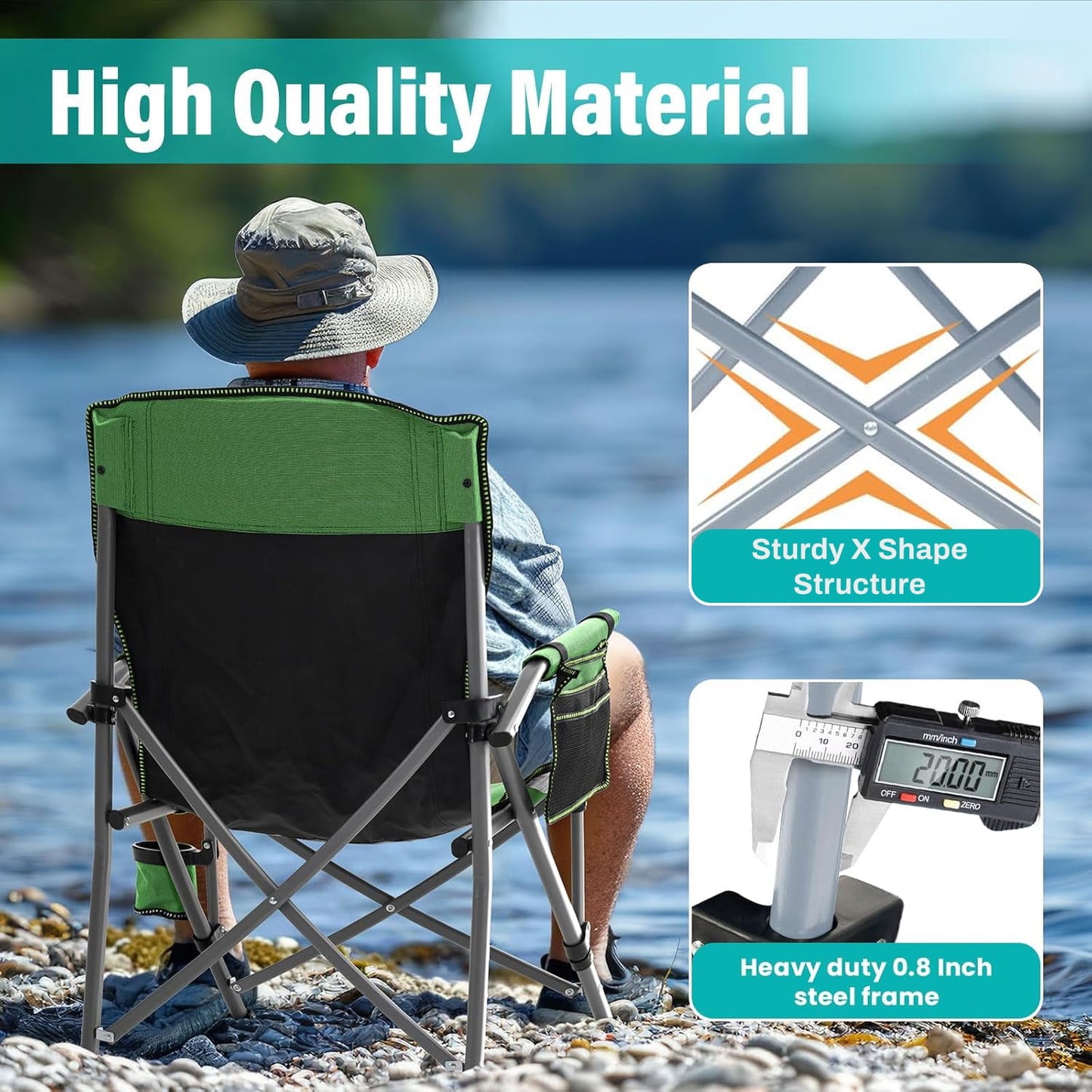 BN-LINK Oversized Folding Camping Chair, Heavy Duty Support 400 Lbs Portable Padded Arm Chair with Cup Holder and Side Pocket, for Beach, Fishing, Outdoor Activities