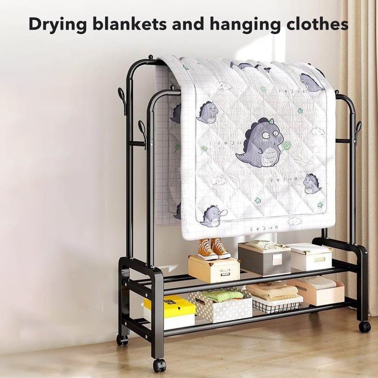 BN-LINK Double Rods Clothes Rack with Wheels, Rolling Clothing Garment Rack with 2 Bottom Shelves & 4 Side Hooks, Heavy Duty Clothes Organizer for Bedroom, Laundry, Living Room, Black
