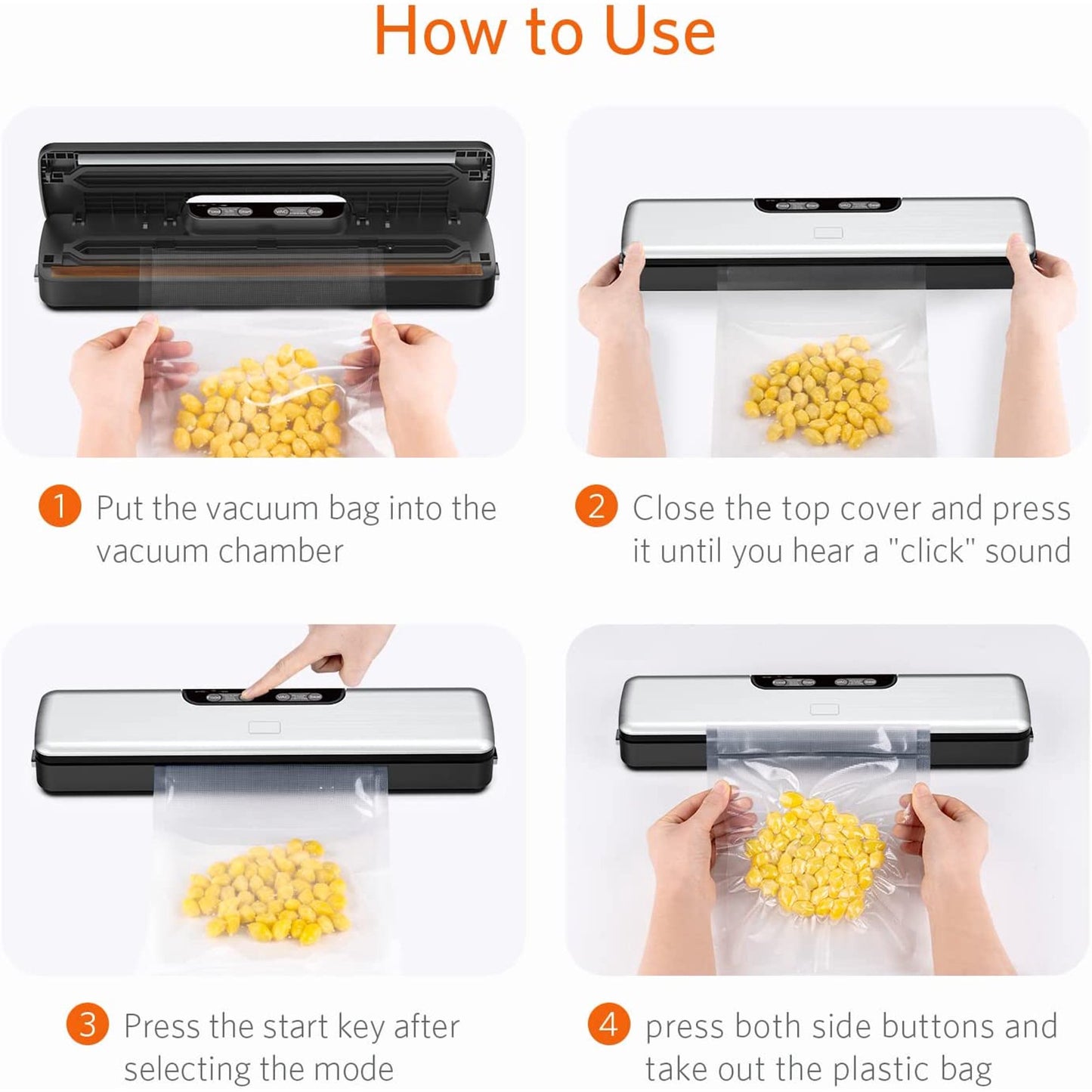 Food Vacuum Sealer Machine, Food Storage Saver Dry & Moist Food Modes, 5-in-1 Easy Options for Food Storage, with 5 Vacuum Seal Bags, Silver