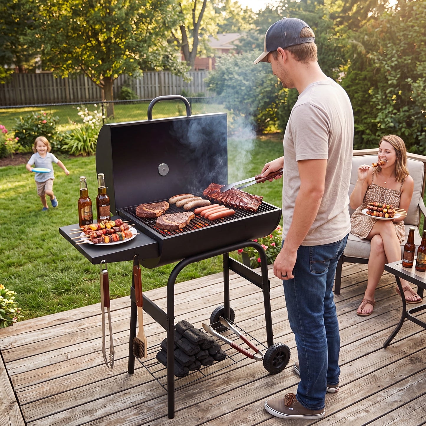 BN-LINK Barrel Charcoal Grill, Outdoor Grill with Side Shelf and Built-In Thermometer, 320 Sq. In. Cooking Area, Portable BBQ Grill & Smoker Combo for Backyard, Parties, Camping