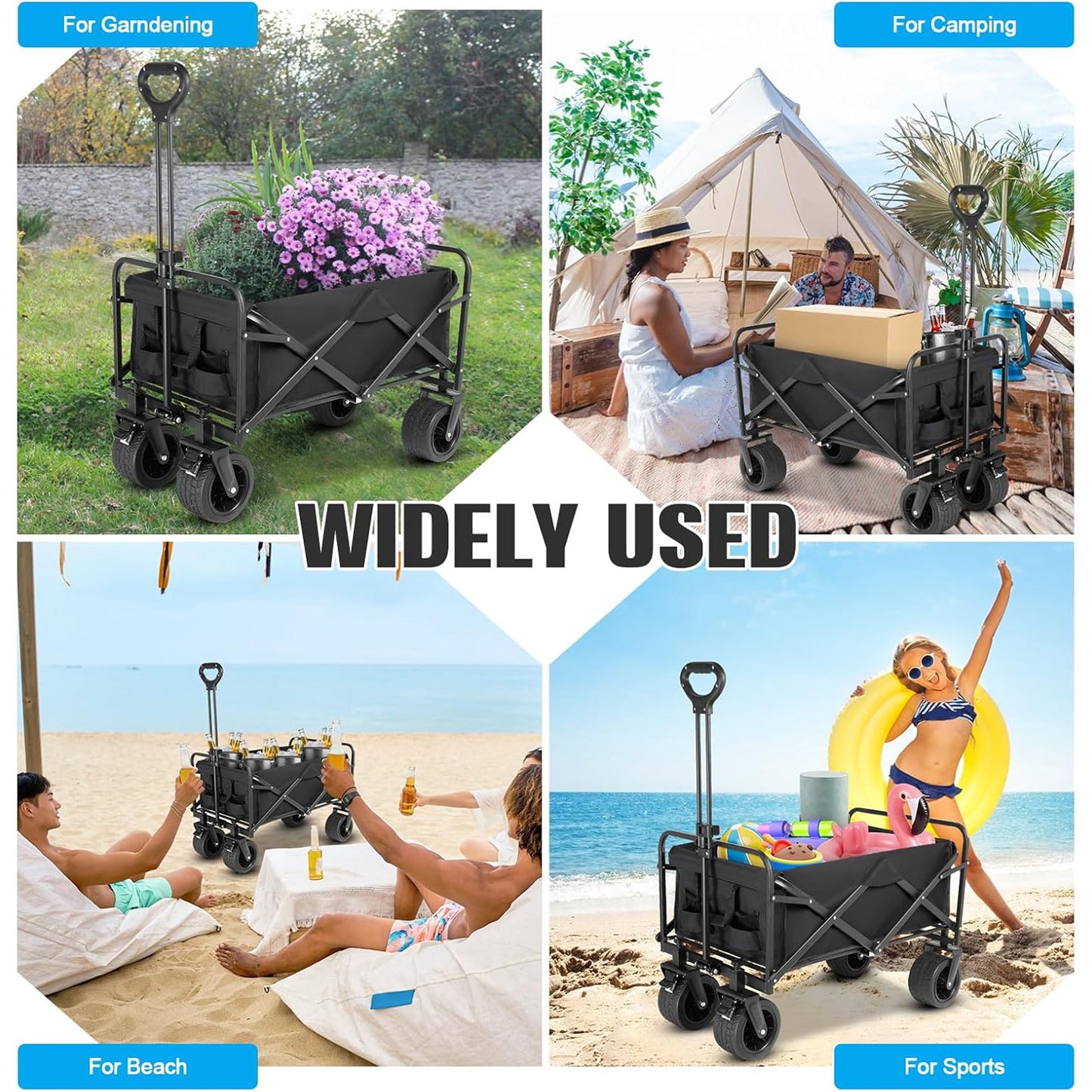 BN-LINk Collapsible Folding Wagon Cart, 330lb Heavy Duty Utility Cart with Silent Universal Wheels & Brake, Garden Cart with Side Pocket, Adjustable Handle, for Camping, Picnic