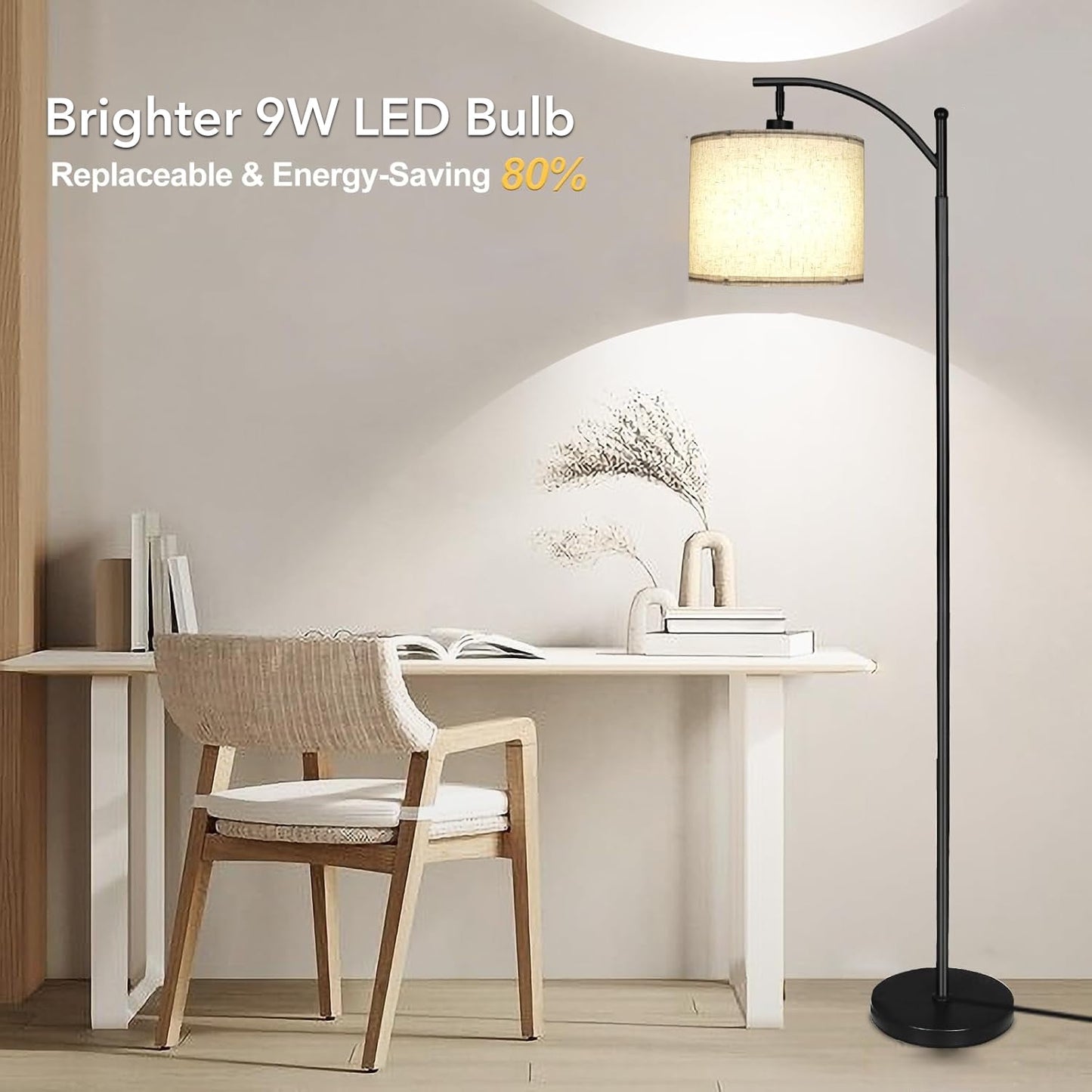 Behome Dimmable Floor Lamp with 3 Color Temperatures, Standing Lamp with Linen Shade & 600 Lumens 9W LED Bulb Included, Tall Lamp for Living Room, Office, Dining Room(Black)