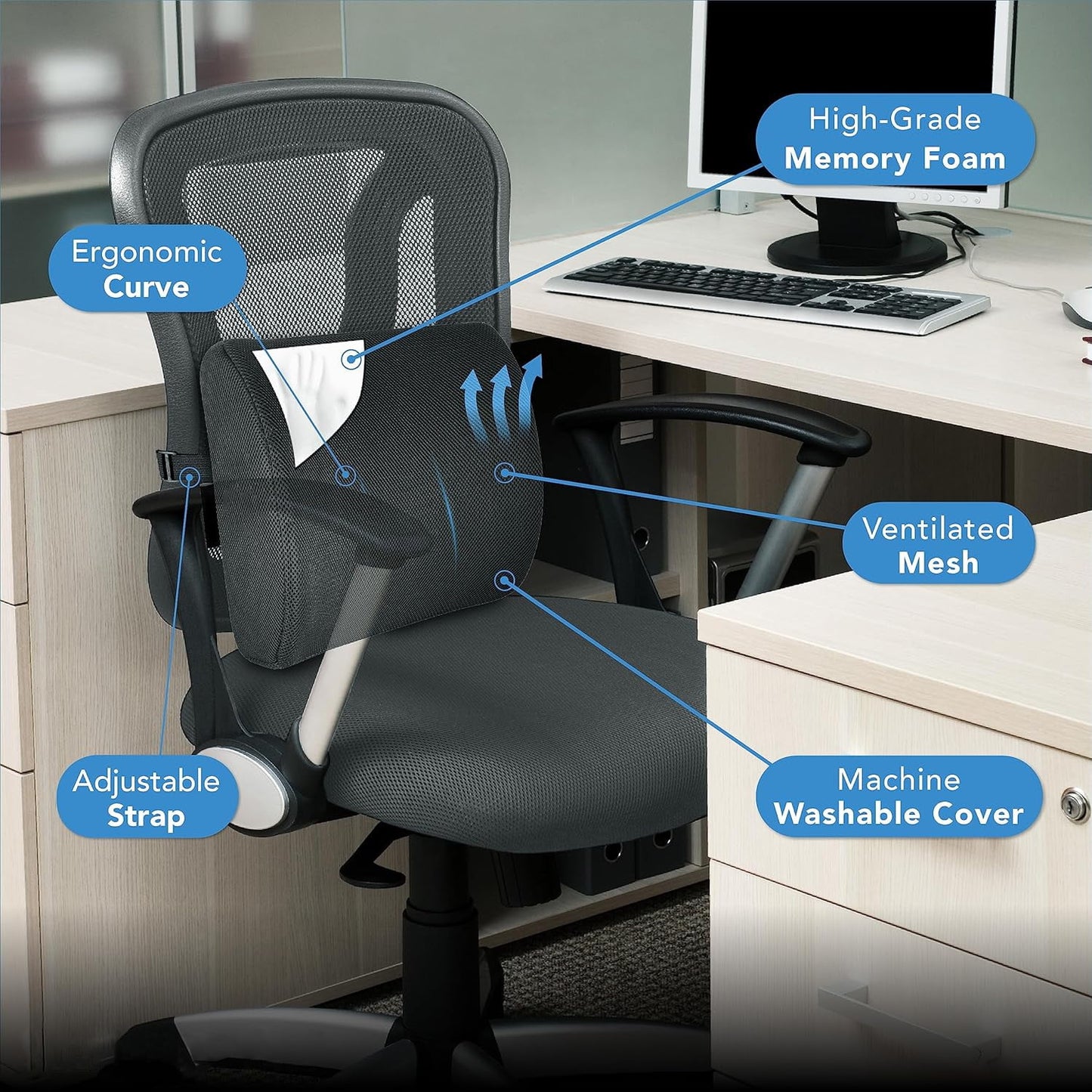 BN-LINK Lumbar Support Pillow For Office Chair and Car Seat, Perfectly Balanced Memory Foam, Versatile Use Lower Back Cushion with Adjustable Strap