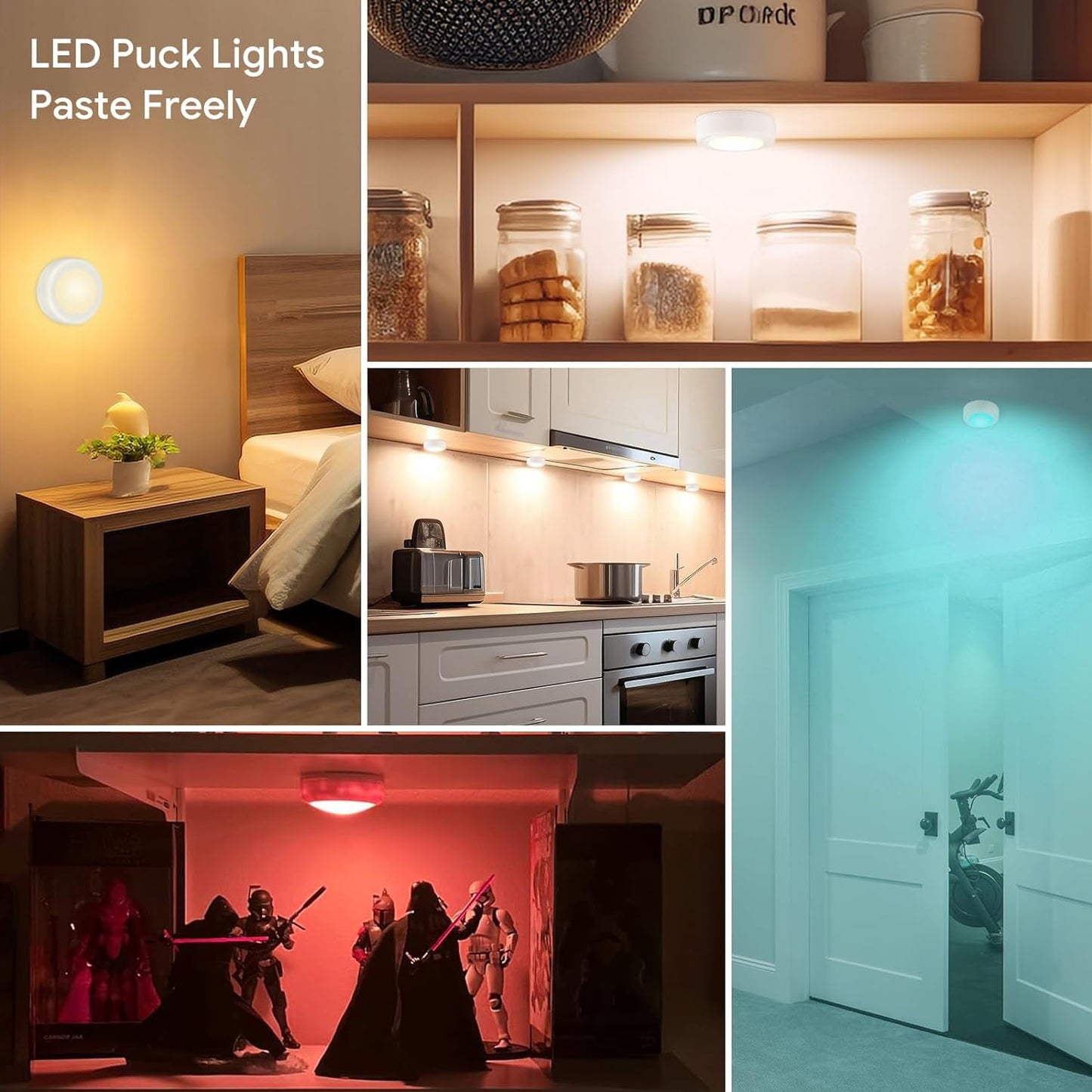 Behome 6 Pack LED Cabinet Lights with Remote, Battery Operated Wireless Puck Lights, 3 Colors & 4 Brightness Levels, Tap Push Night Lights for Closet, Bedroom & Kitchen, White