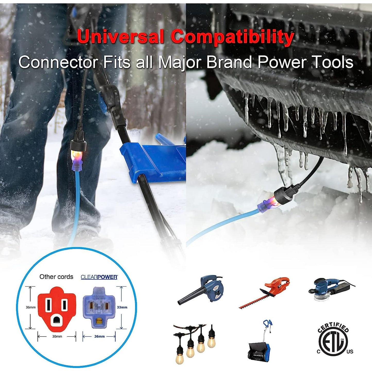 Clear Power 50 ft Extreme Cold Weather Outdoor Extension Cord, Lighted End, 16/3 SJTW, Works Down to -50°C, Power Indicator Light, 3-Prong Grounded Plug, Blue
