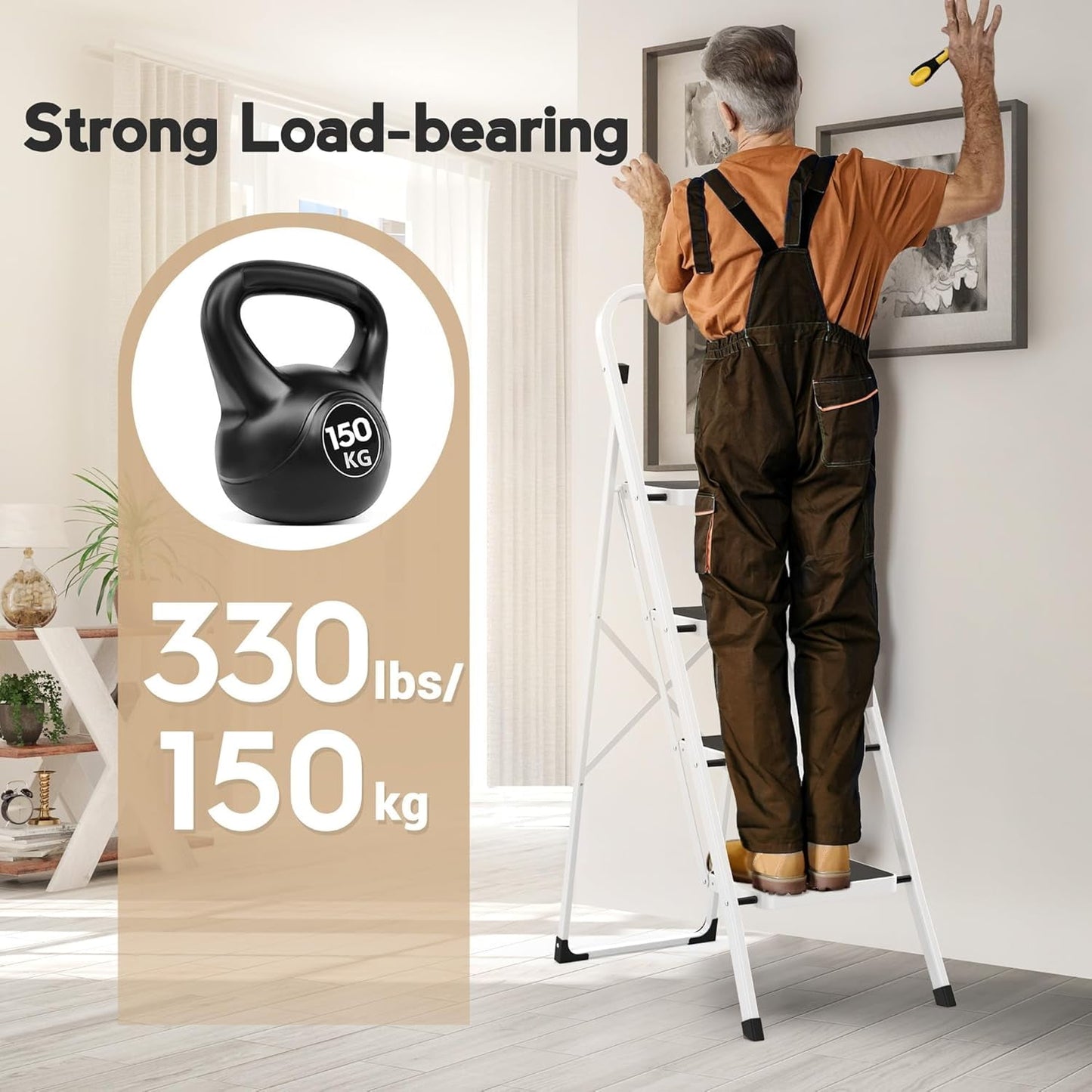 Behome 4 Step Ladder, Folding Step Stool with Wide Anti-Slip Pedal, Portable Sturdy Iron Ladder with Handrails for Home, Office, Library, 330 lbs Capacity, White & Black