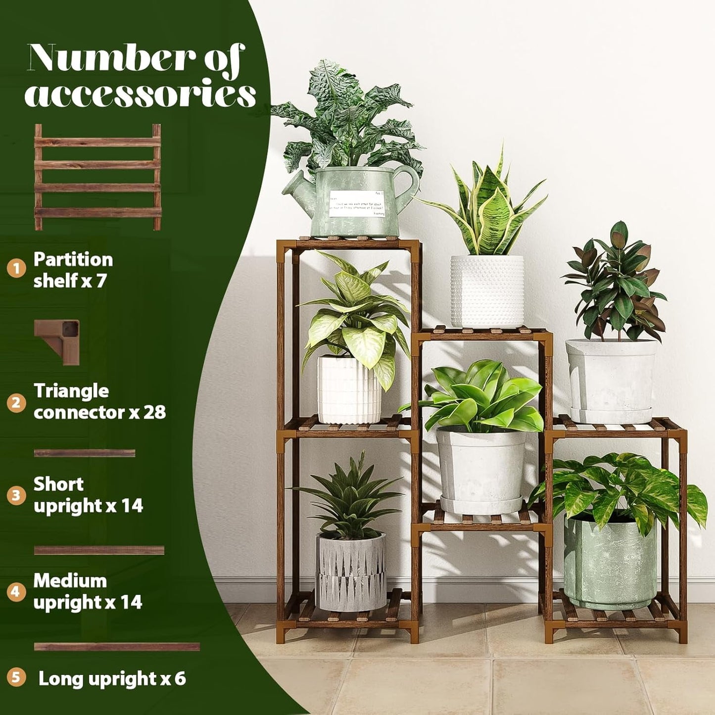 Behome Plant Stand Indoor, Wood Plant Shelf with 3 Tier Ladder & 7 Pots, Corner Plant Stand, Tall Plant Holder for Living Room & Balcony, Home Decor