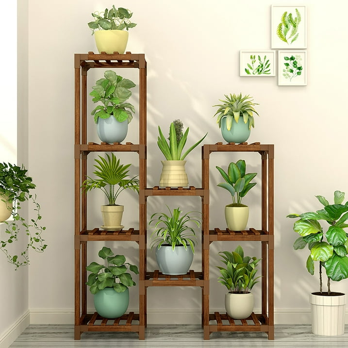 Behome Plant Stand Indoor, Wood Plant Shelf with 3 Tier Ladder & 9 Pots, Corner Plant Stand, Tall Plant Holder for Living Room & Balcony, Home Decor
