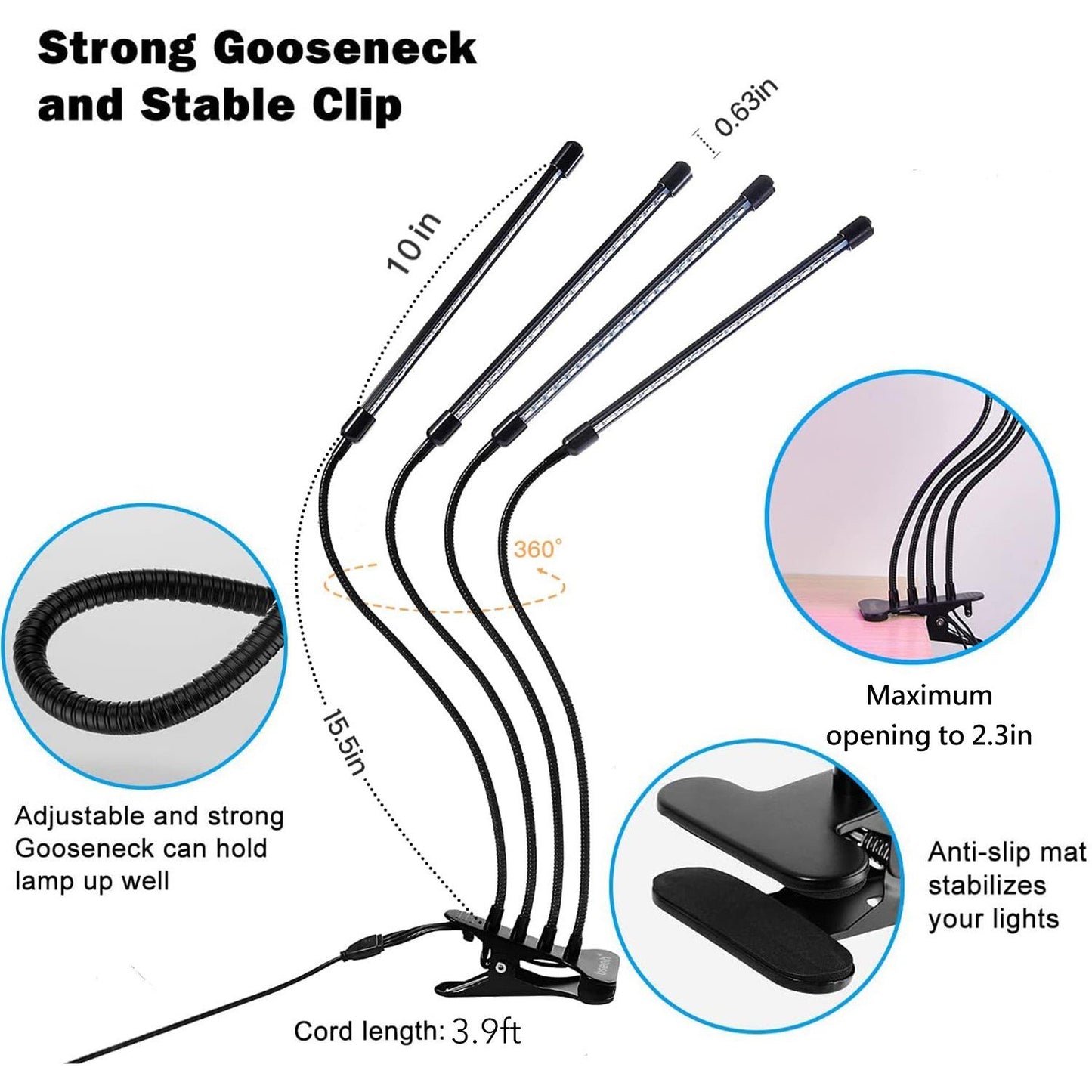 BN-LINK LED Grow Lights for Indoor Plants, Grow Light Full Spectrum Auto ON/Off with 3/9/12H Timer, 4 Heads Clip On Plant Grow Light with 9 Dimmable Brightness