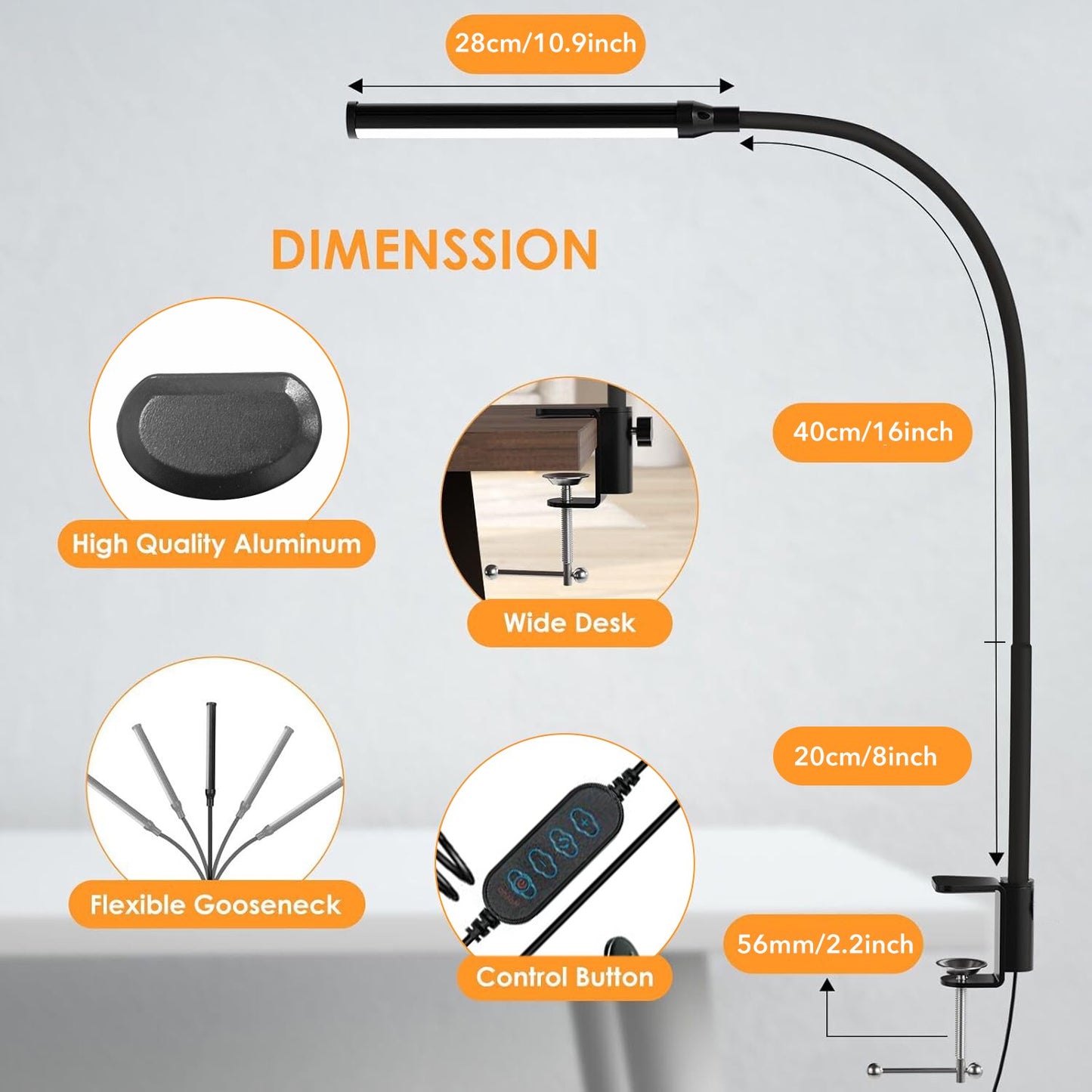 Behome LED Desk Lamp with Clamp, Clamp Light with 3 Color Modes & 10 Brightness, Long Flexible Gooseneck, Eye-Care Clamp Lamp for Study, Work, Black