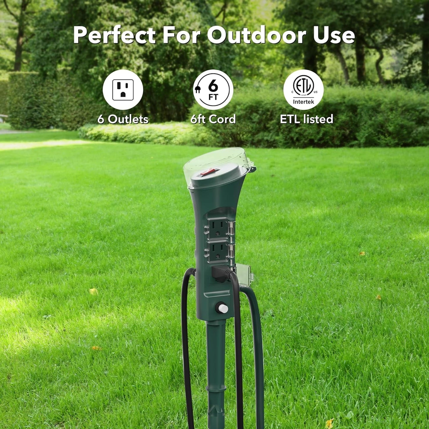 BN-LINK Outdoor Power Stake with 6 Outlets, 6ft Extension Cord Power Strip with Overload Protection, Waterproof Outside Yard Multi-Outlets Use for Camping, Party