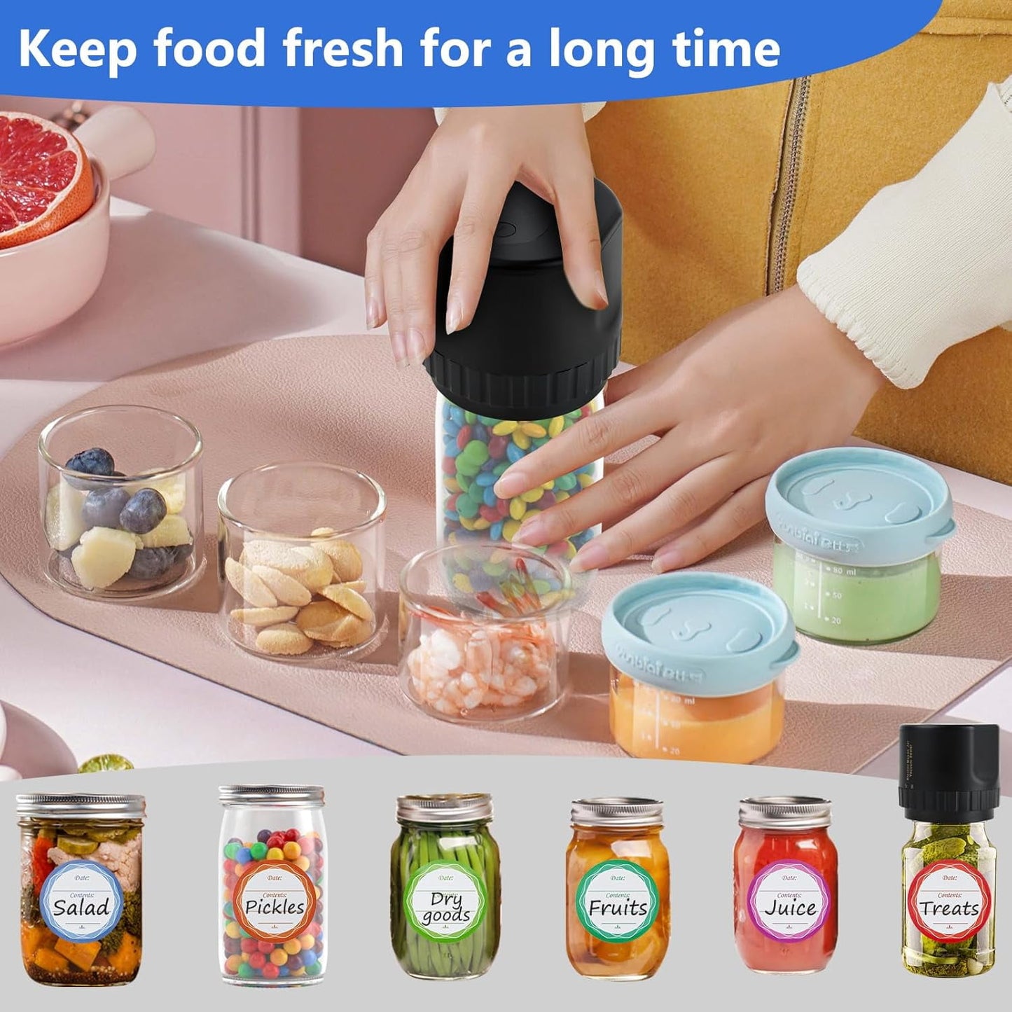 BN-LINK Electric Mason Jar Vacuum Sealer with 10 Pack Lids, Automatic Wide Mouth and Regular Mouth Mason Jar Sealer Kit, Jar Vacuum Sealer for Food Storage and Fermentation, Black