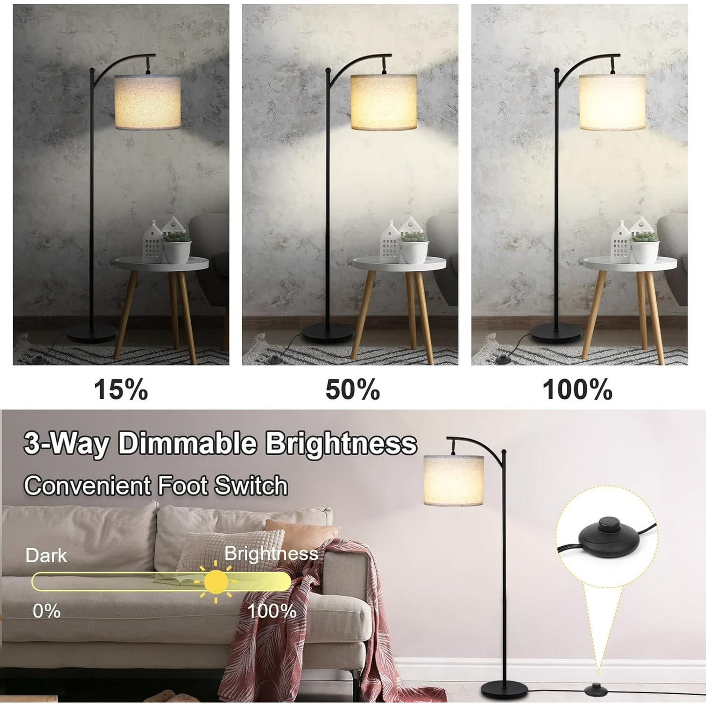 Behome Dimmable Floor Lamp with 3 Color Temperatures, Standing Lamp with Linen Shade & 600 Lumens 9W LED Bulb Included, Tall Lamp for Living Room, Office, Dining Room(Black)