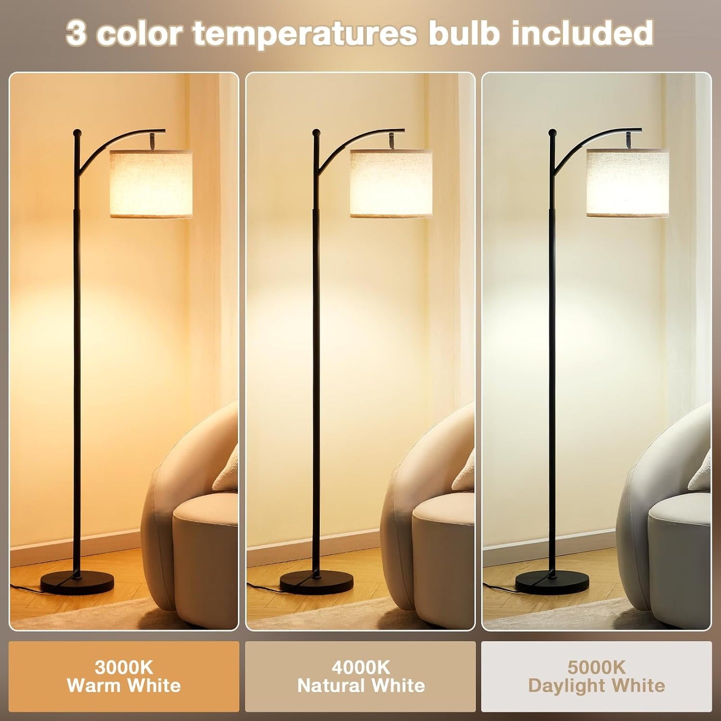 Behome Dimmable Floor Lamp with 3 Color Temperatures, Standing Lamp with Linen Shade & 600 Lumens 9W LED Bulb Included, Tall Lamp for Living Room, Office, Dining Room(Black)