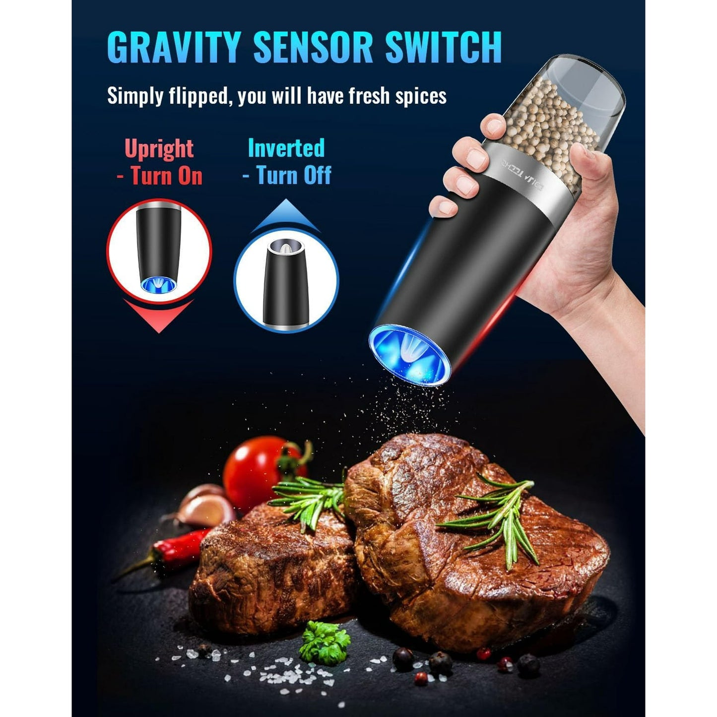 Electric Salt and Pepper Grinder Set, Gravity Sensor, Automatic Pepper Mill, One Hand Operation, Battery-Operated with Adjustable Coarseness, Blue Led Light, Black, 2 Pack