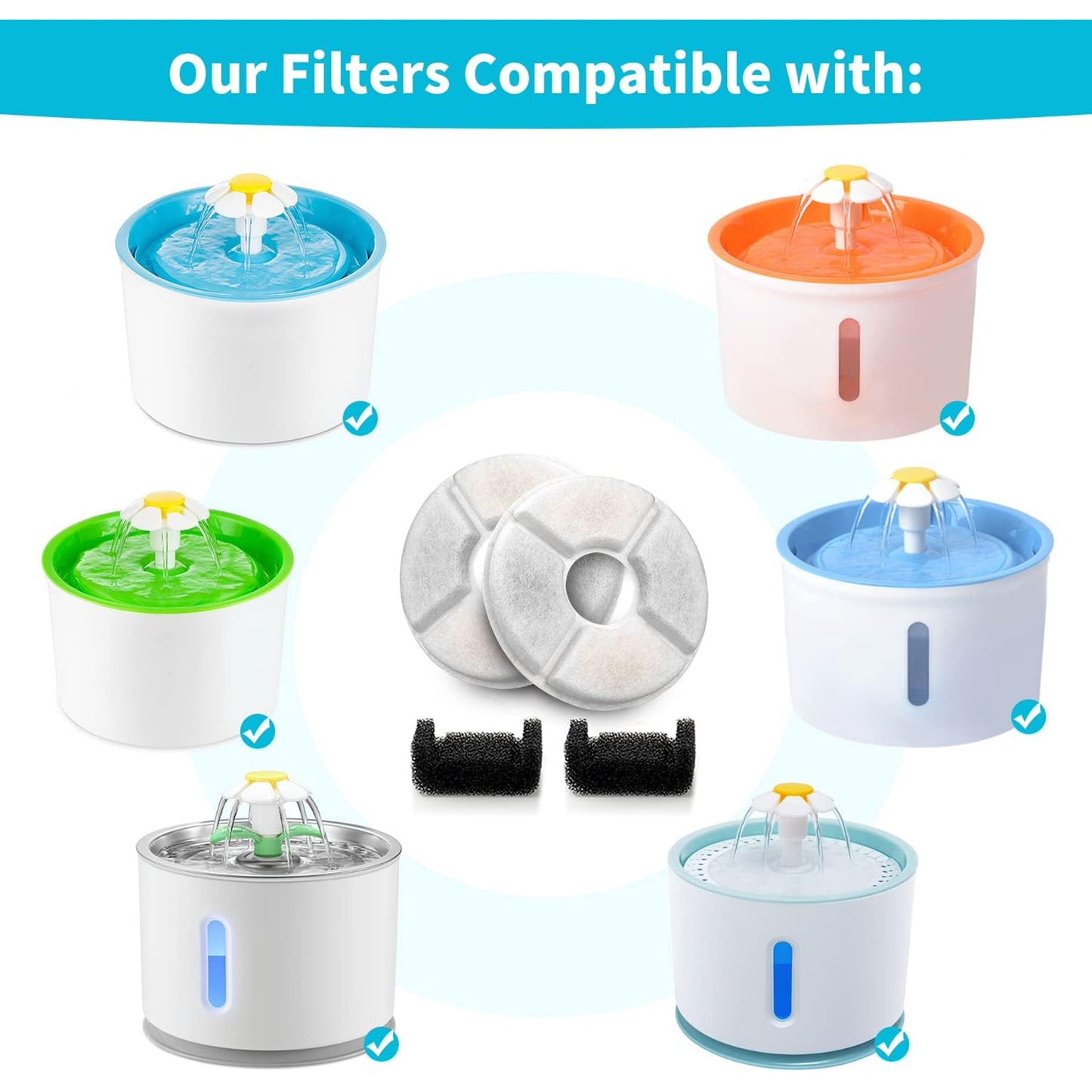Behome 12 Pack Cat Water Fountain Filters, Triple Filtration System Pet Cat Fountain Replacement Filter for 84oz/2.5L Pet Dog Drinking Water Dispenser(8 Filters & 4 Sponges)