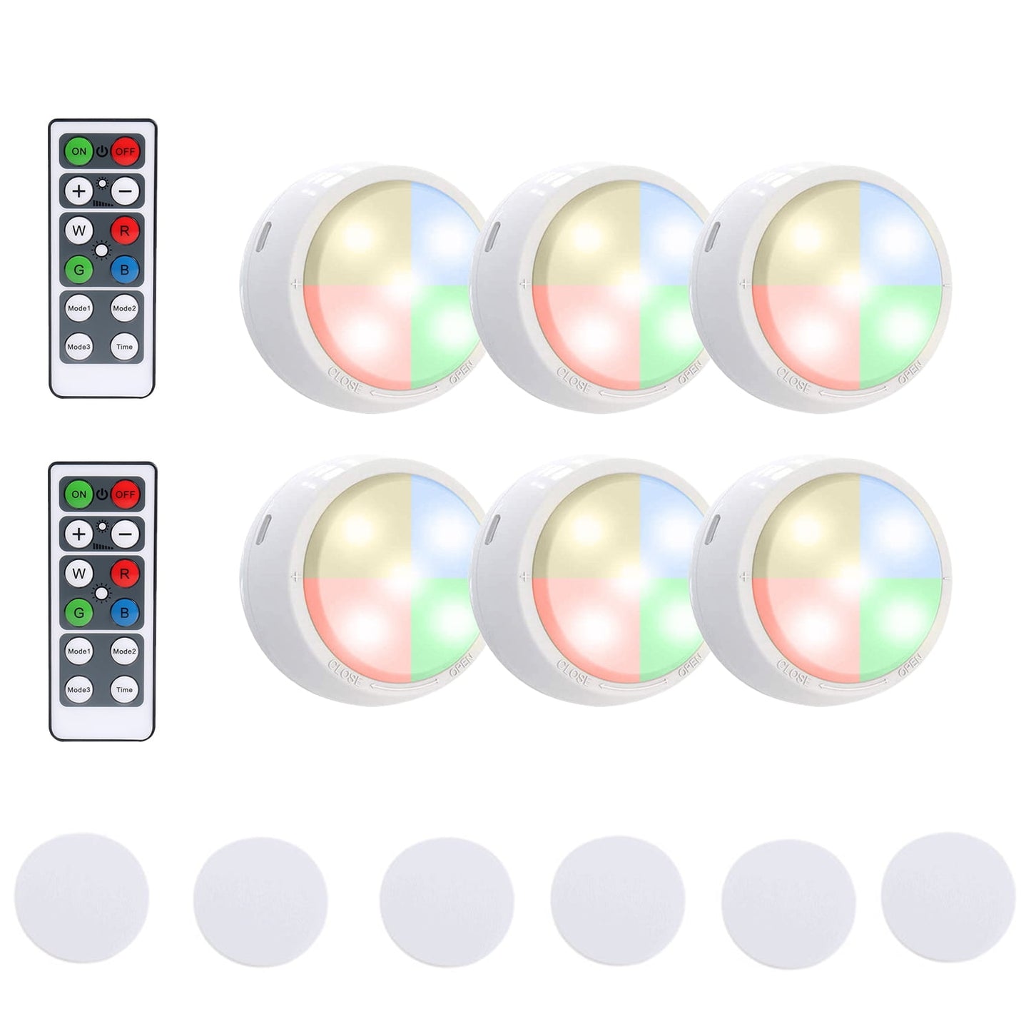 Behome 6 Pack LED Cabinet Lights with Remote, Battery Operated Wireless Puck Lights, 3 Colors & 4 Brightness Levels, Tap Push Night Lights for Closet, Bedroom & Kitchen, White