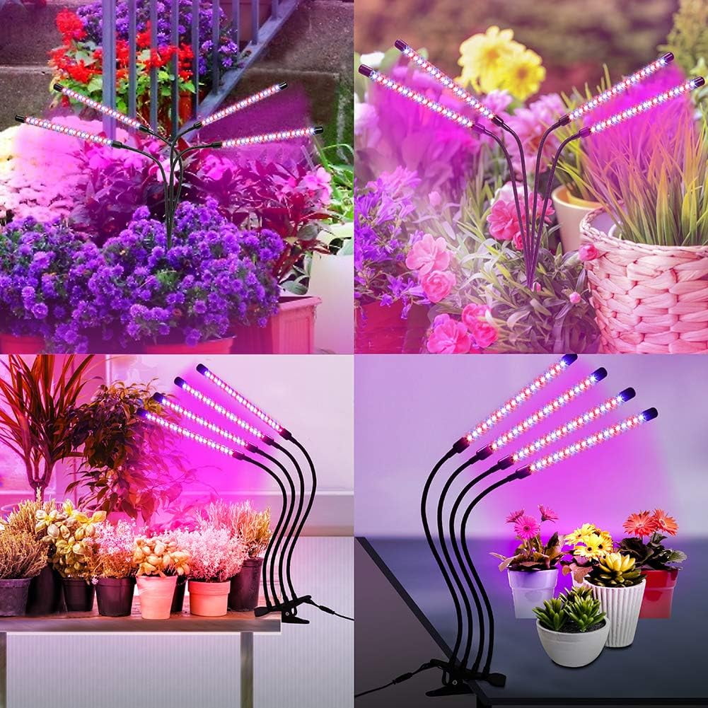 BN-LINK LED Grow Lights for Indoor Plants, Grow Light Full Spectrum Auto ON/Off with 3/9/12H Timer, 4 Heads Clip On Plant Grow Light with 9 Dimmable Brightness
