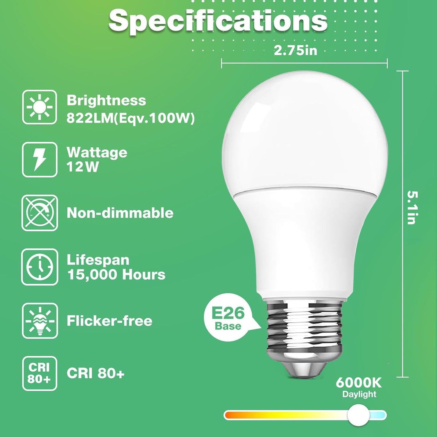 Behome 8 Pack A19 LED Light Bulbs, Energy Efficient 12W(100 Watt Equivalent), E26 Base, 6000K Daylight & 822 Lumens, Non-Dimmable(Daily Light White)