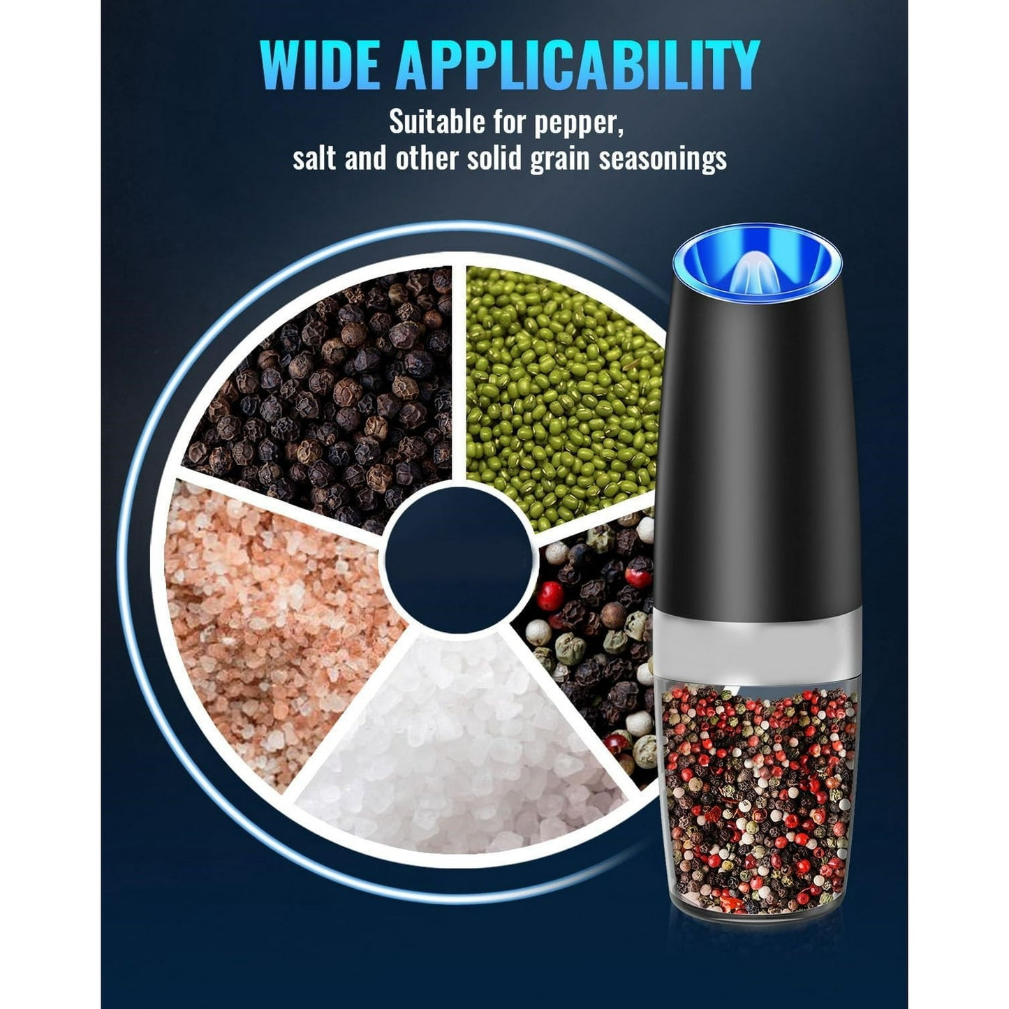 Electric Salt and Pepper Grinder Set, Gravity Sensor, Automatic Pepper Mill, One Hand Operation, Battery-Operated with Adjustable Coarseness, Blue Led Light, Black, 2 Pack