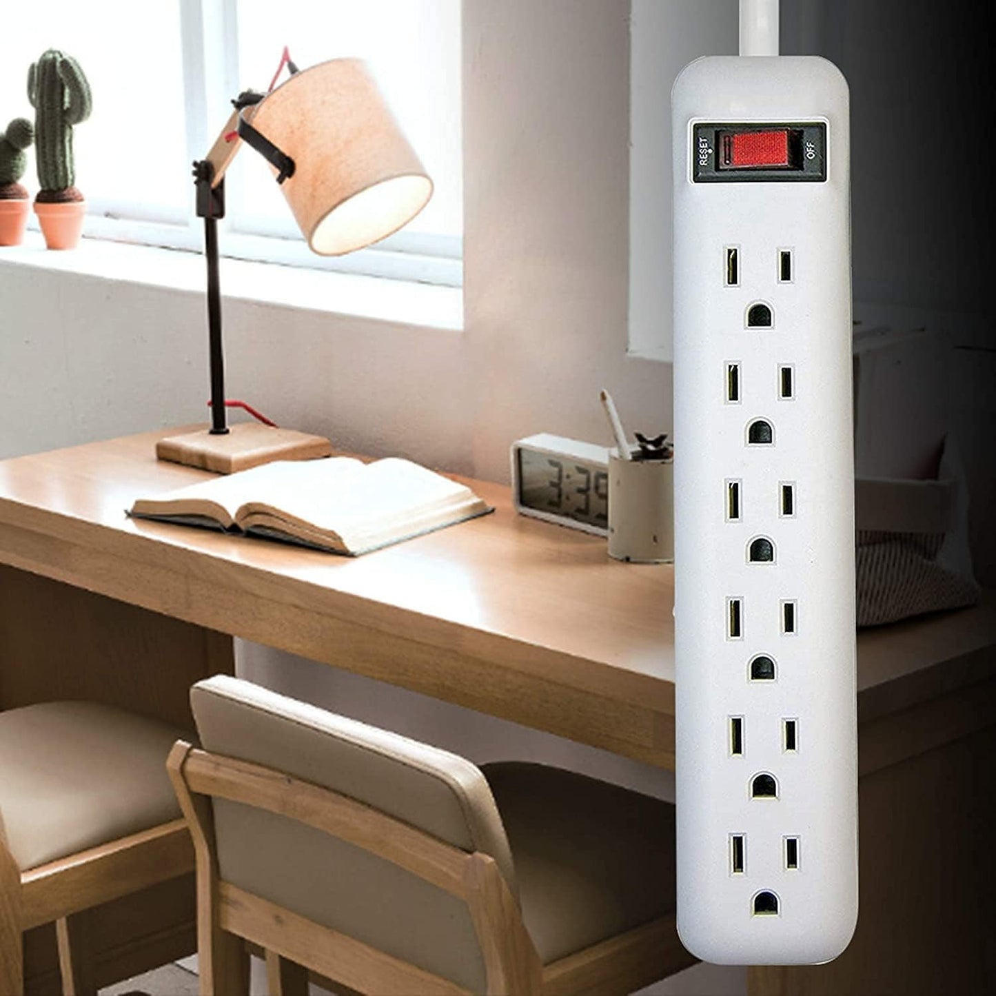 Clear Power 6 Outlet Power Strip 3 ft Power Cord, Low-Profile Flat Plug, 3-Prong Grounded, White, 15 Amp Circuit Breaker, 2 Pack