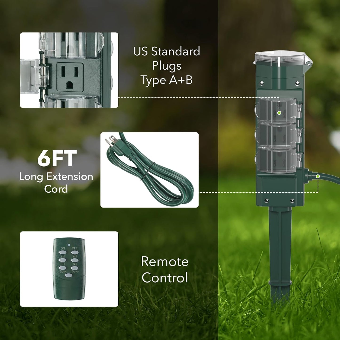 HBN Outdoor Power Strip Timer with Photocell(w Remote Control), Yard Stake Countdown Timer(2, 4, 6, 8 Hour),Weatherproof Outside Lights Timer Dusk to Dawn for Christmas Lights,6 Outlets,6ft Cord