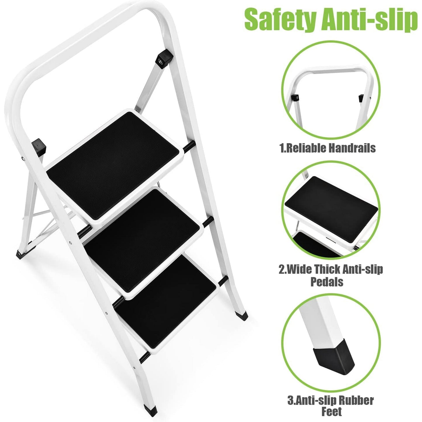 Behome 3 Step Ladder, Folding Step Stool with Wide Anti-Slip Pedal, 330 lbs Sturdy Ladder, Convenient Handgrip, Portable Iron Step Stool for Household, Kitchen