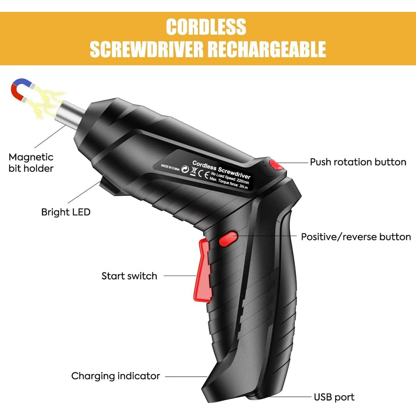 Cordless Screwdriver Set, Electric Screwdriver USB Rechargeable Power Screwdriver, Rotating Handle, LED Light, 45PCS Drill/Driver Accessories