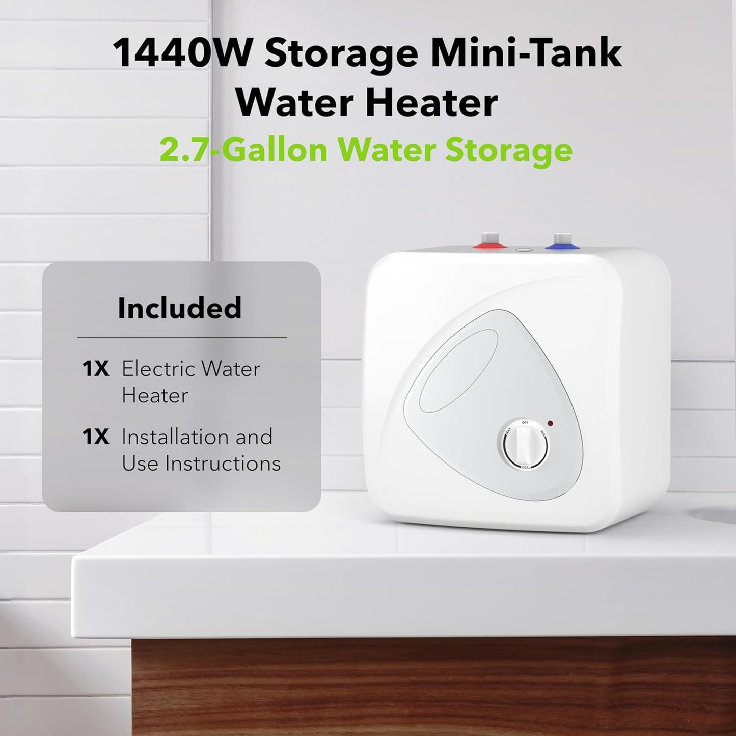 BN-LINK Electric Mini-Tank Water Heater - 2.7 Gallon Small Under Sink Instant Hot Water Heater, 120V 1440W Point of Use Compact Tank for Kitchen, Bathroom, Restaurant - Shelf, Wall, or Floor Mounted
