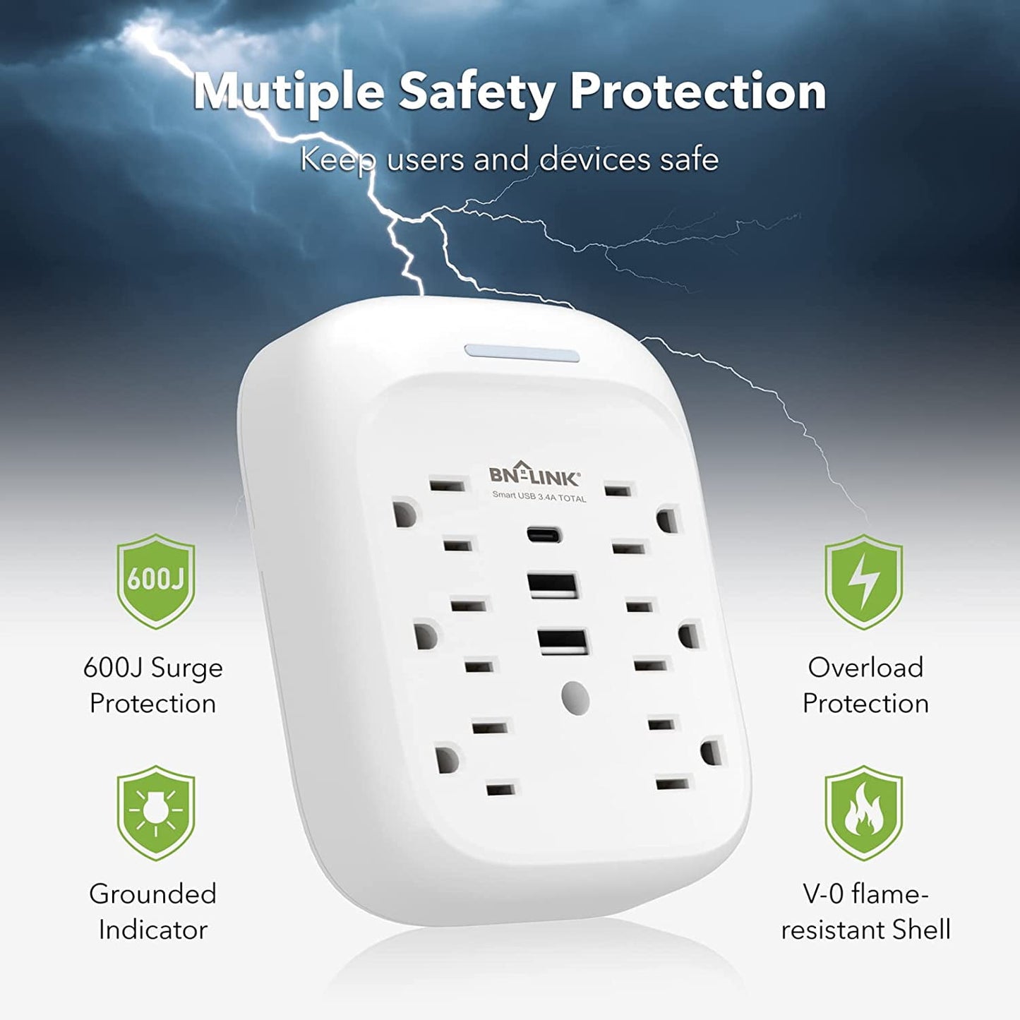 BN-LINK 1800J Outlet Extender,Multi Plug Outlet with 3 USB Wall Charger(2.4A per Port),6 Outlet Extender Surge Protector Multi Outlet Wall Plug for Home,School,Travel,Office