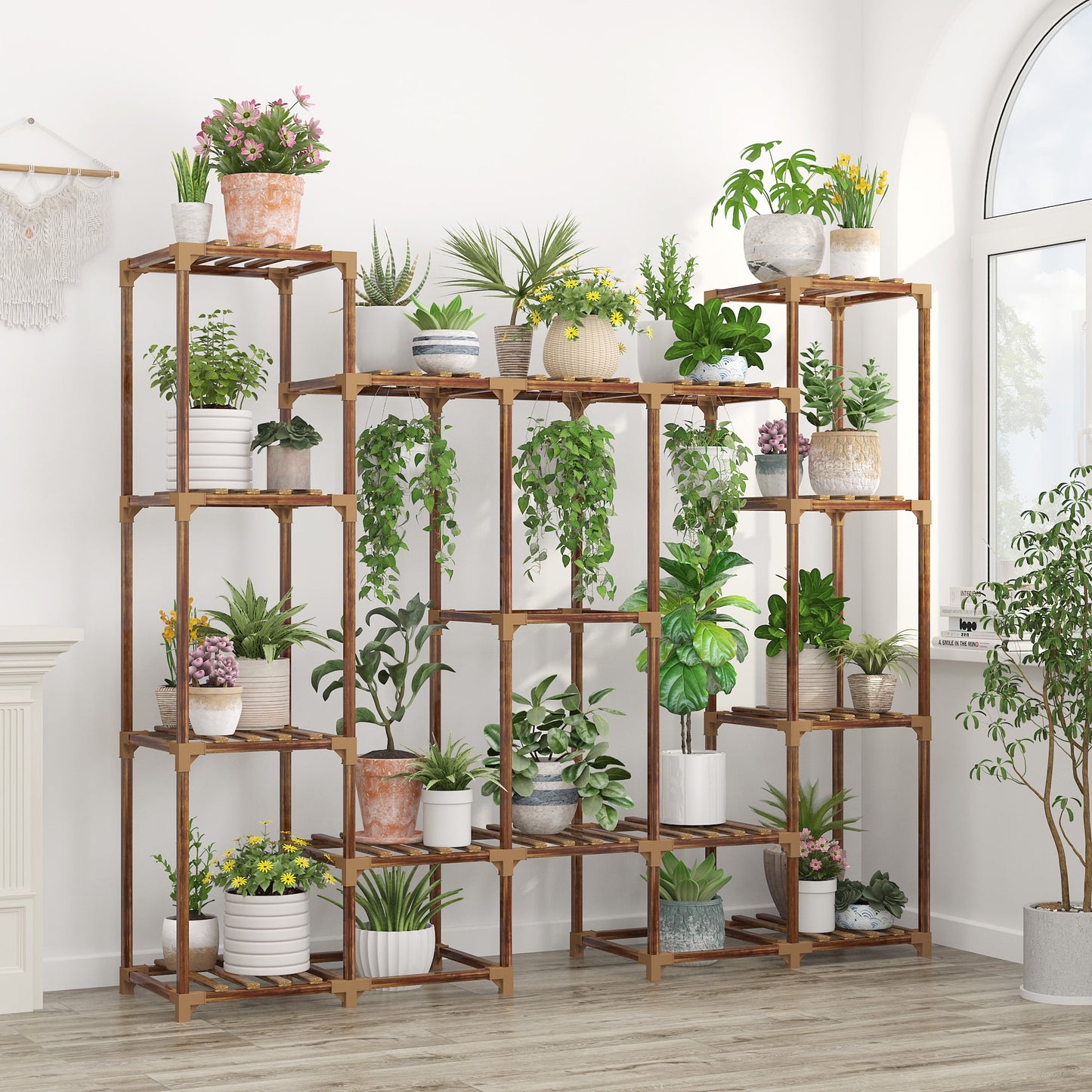 Behome Plant Stand Indoor, Wood Plant Shelf with 4 Tier Ladder & 14 Pots, Corner Plant Stand, Tall Plant Holder for Living Room & Balcony, Home Decor