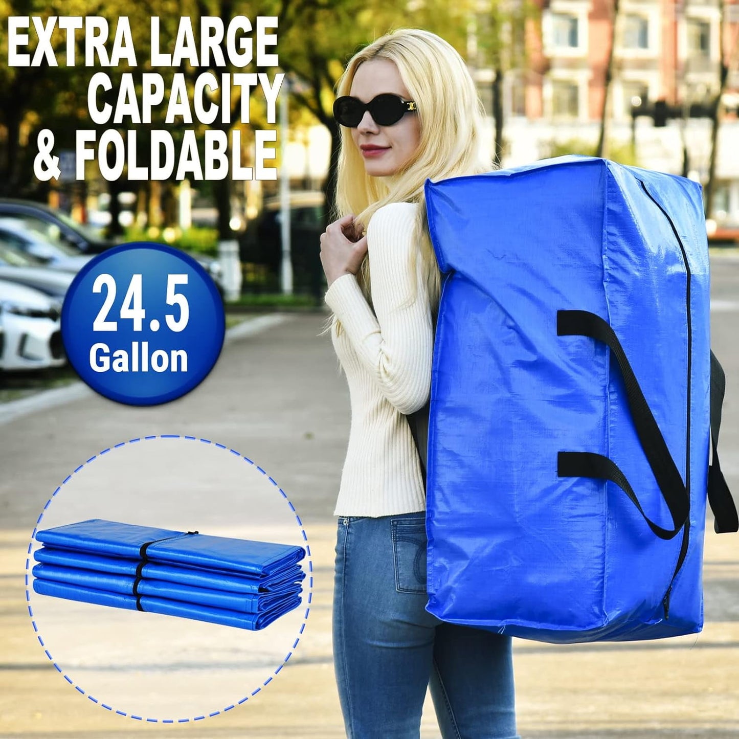 Behome 2 Pack Moving Bags Heavy-Duty Extra Large, Blue Moving Totes with Zippers Handles for Space Saving, Family & Dorm Room Moving Supplies
